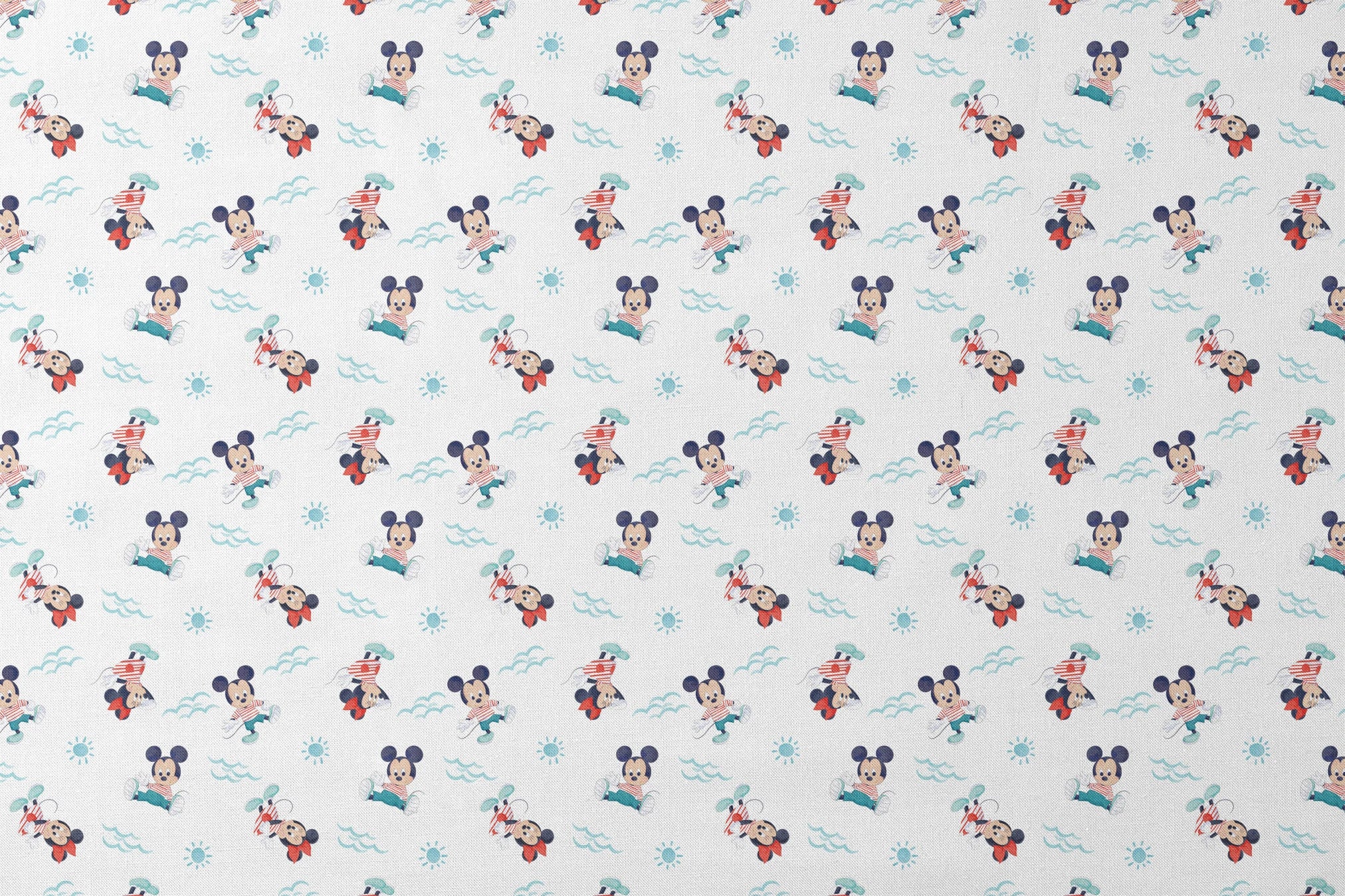 Mickey Mouse pattern with characters in various poses, blue waves and suns on white background, nautical theme designs flat mockup