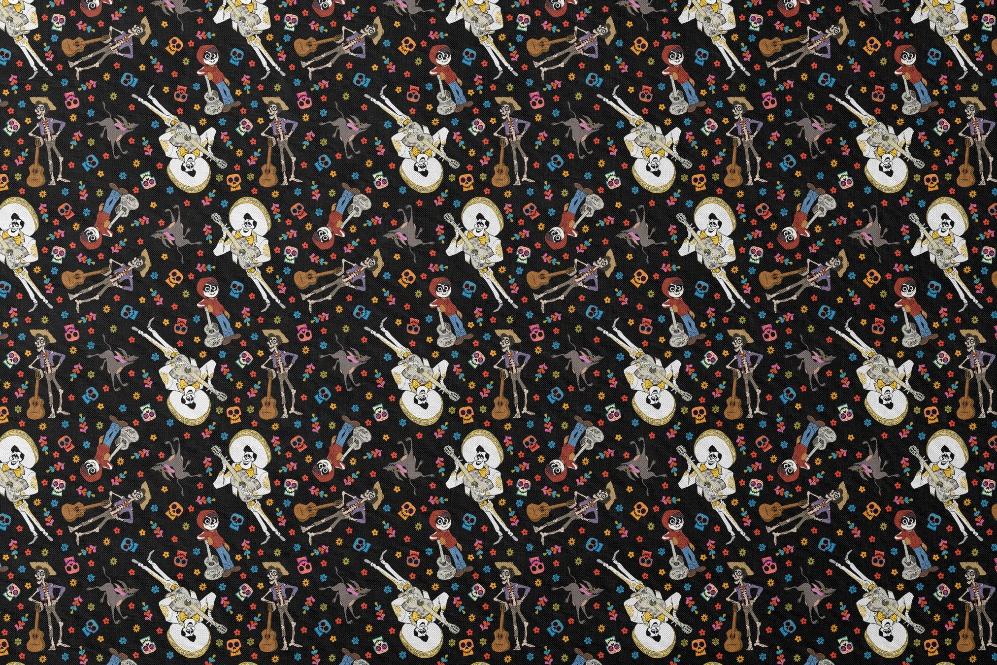 Colorful Coco Day of the Dead pattern with skeleton figures playing instruments, skulls, and flowers on black background designs flat mockup