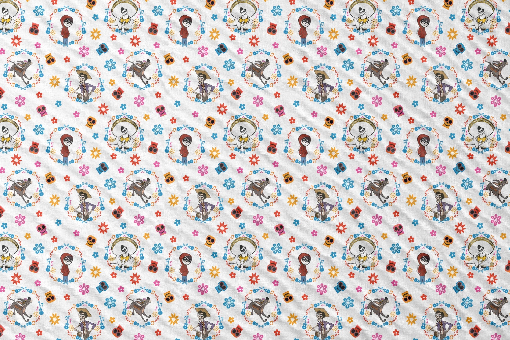 Colorful Coco pattern with Day of the Dead skeleton characters in floral wreaths, sugar skulls, and bright flowers on white background designs flat mockup
