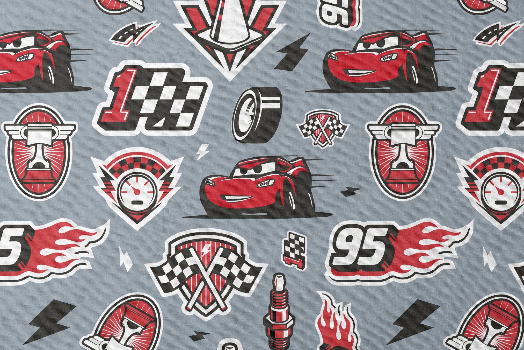 Racing pattern with red cars, checkered flags, speedometers, and racing emblems on gray background designs flat mockup