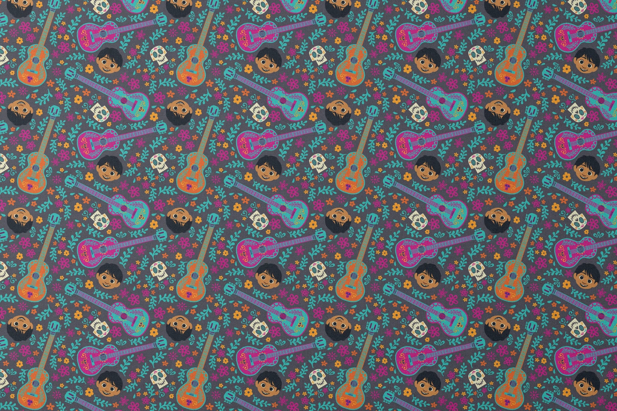 Colorful Coco pattern with decorative guitars, sugar skulls, cartoon characters, and floral elements on teal background. designs flat mockup