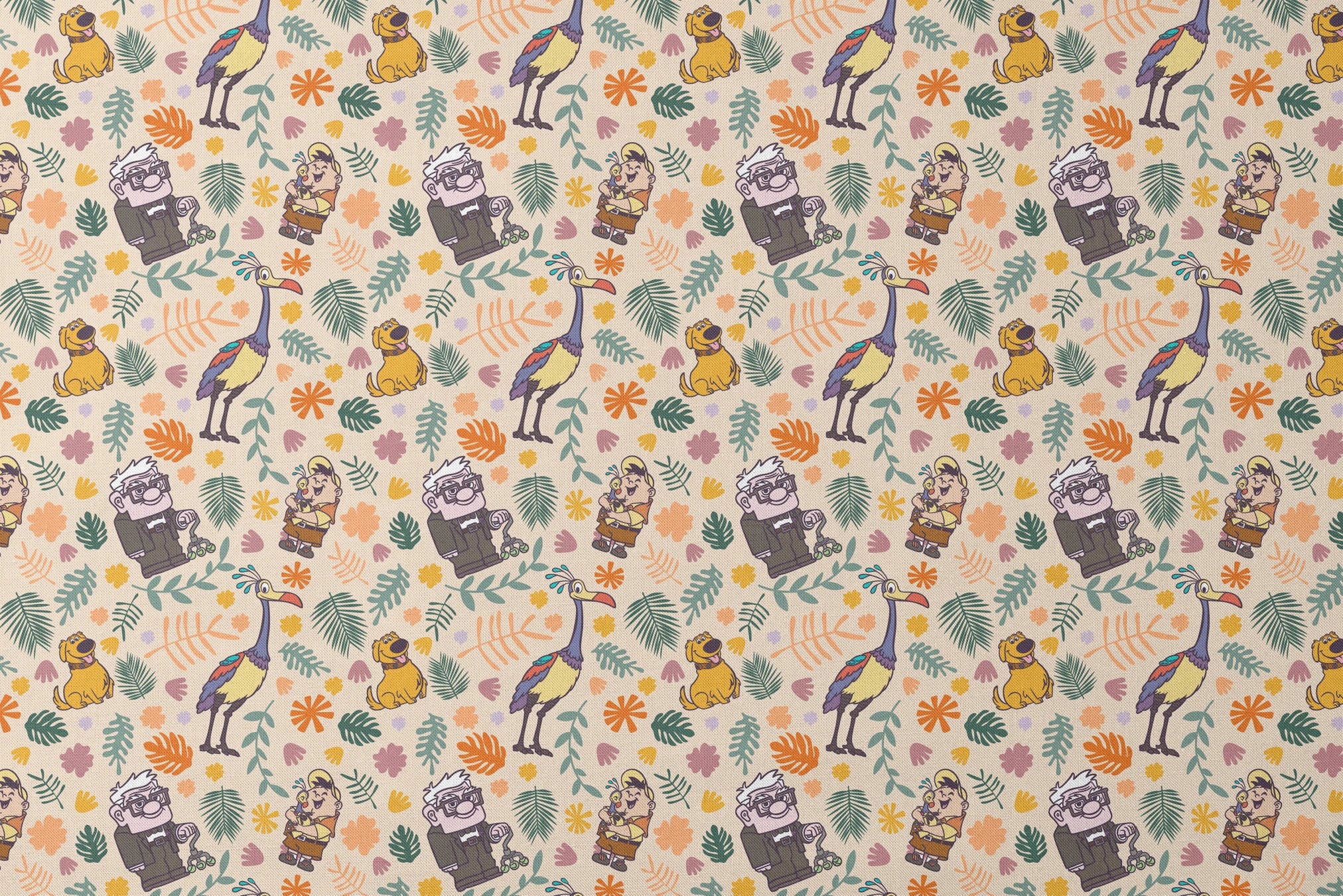 Whimsical cartoon pattern with colorful characters from Pixar's "Up" against floral background designs flat mockup