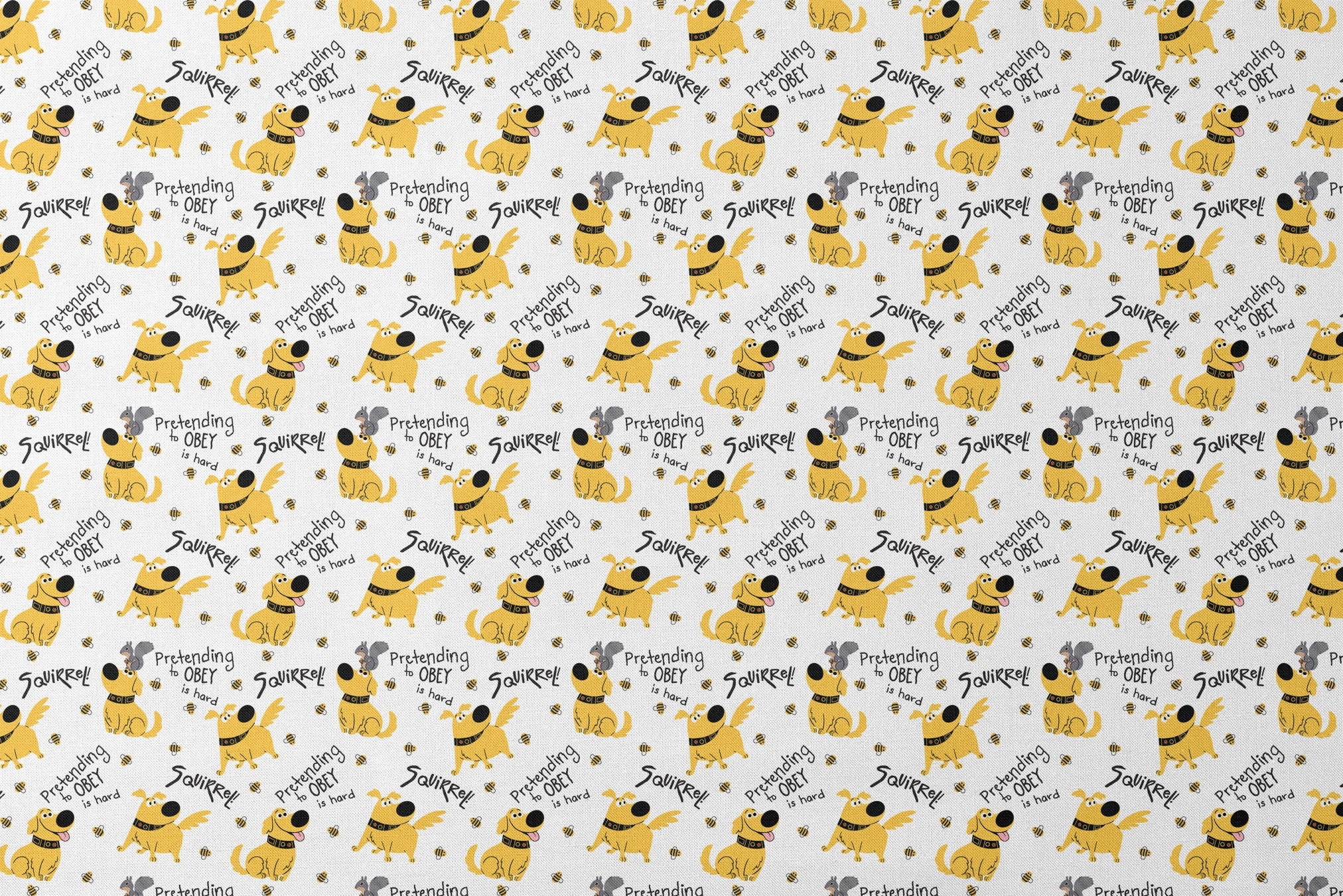 Cartoon Up-inspired dog with wings chasing bees, text "Pretending to OBEY is hard" and "SQUIRREL! designs flat mockup