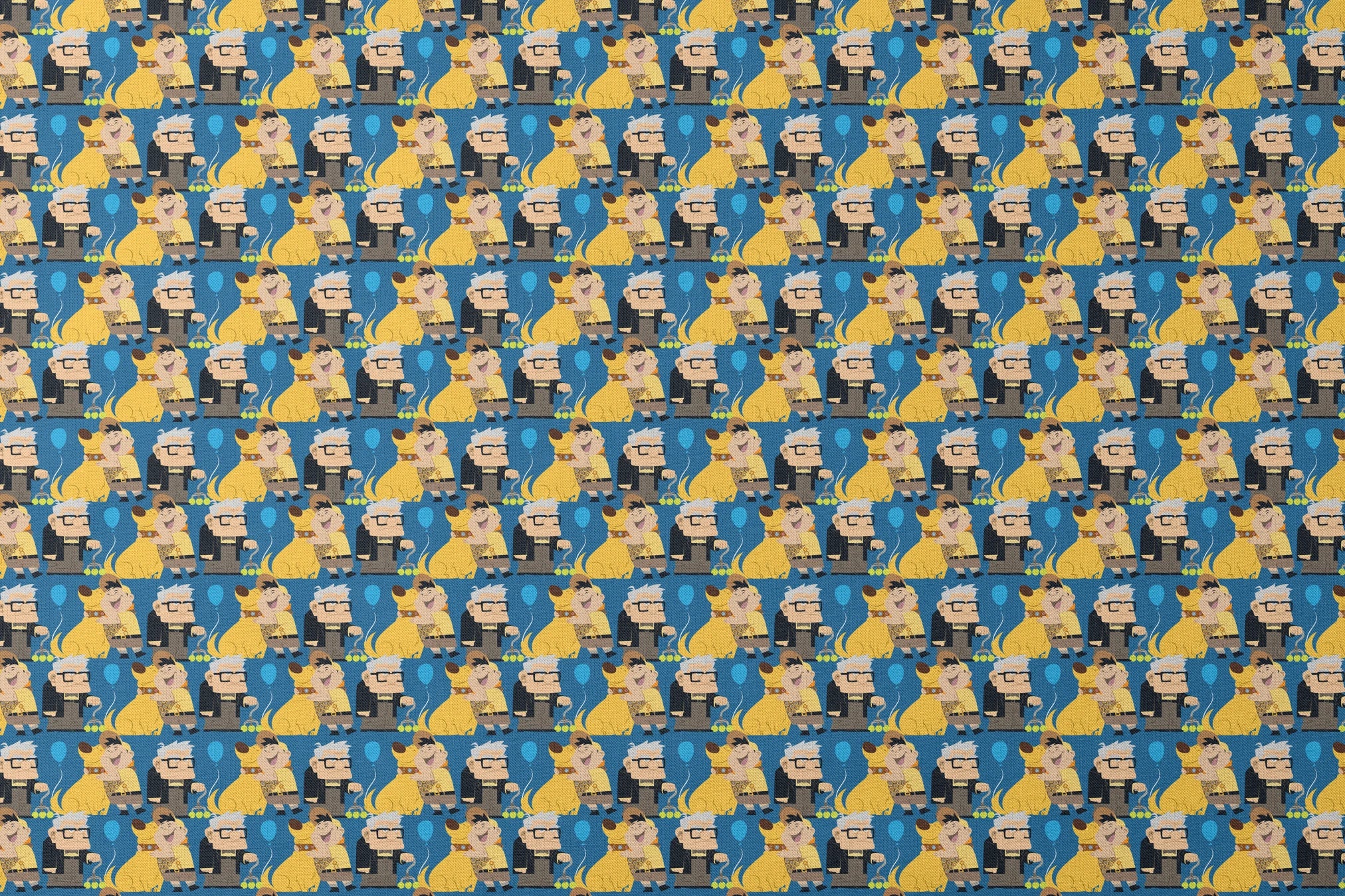 Cartoon pattern featuring characters from Pixar's "Up" with blue balloons, yellow dogs, and scouts designs flat mockup
