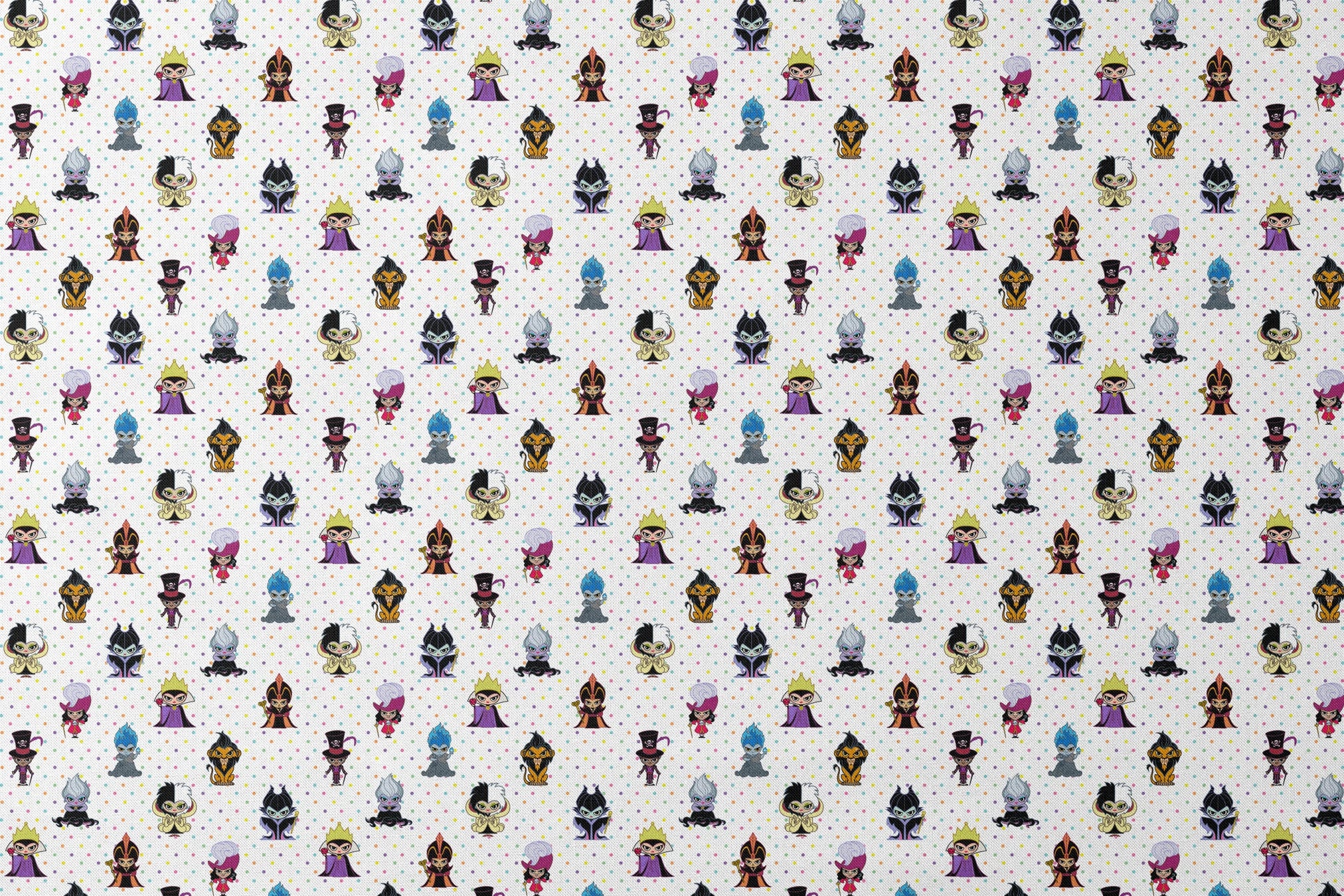 Cartoon Disney villain characters in chibi style scattered on polka dot background, including figures with crowns, capes, and distinctive colorful designs designs flat mockup