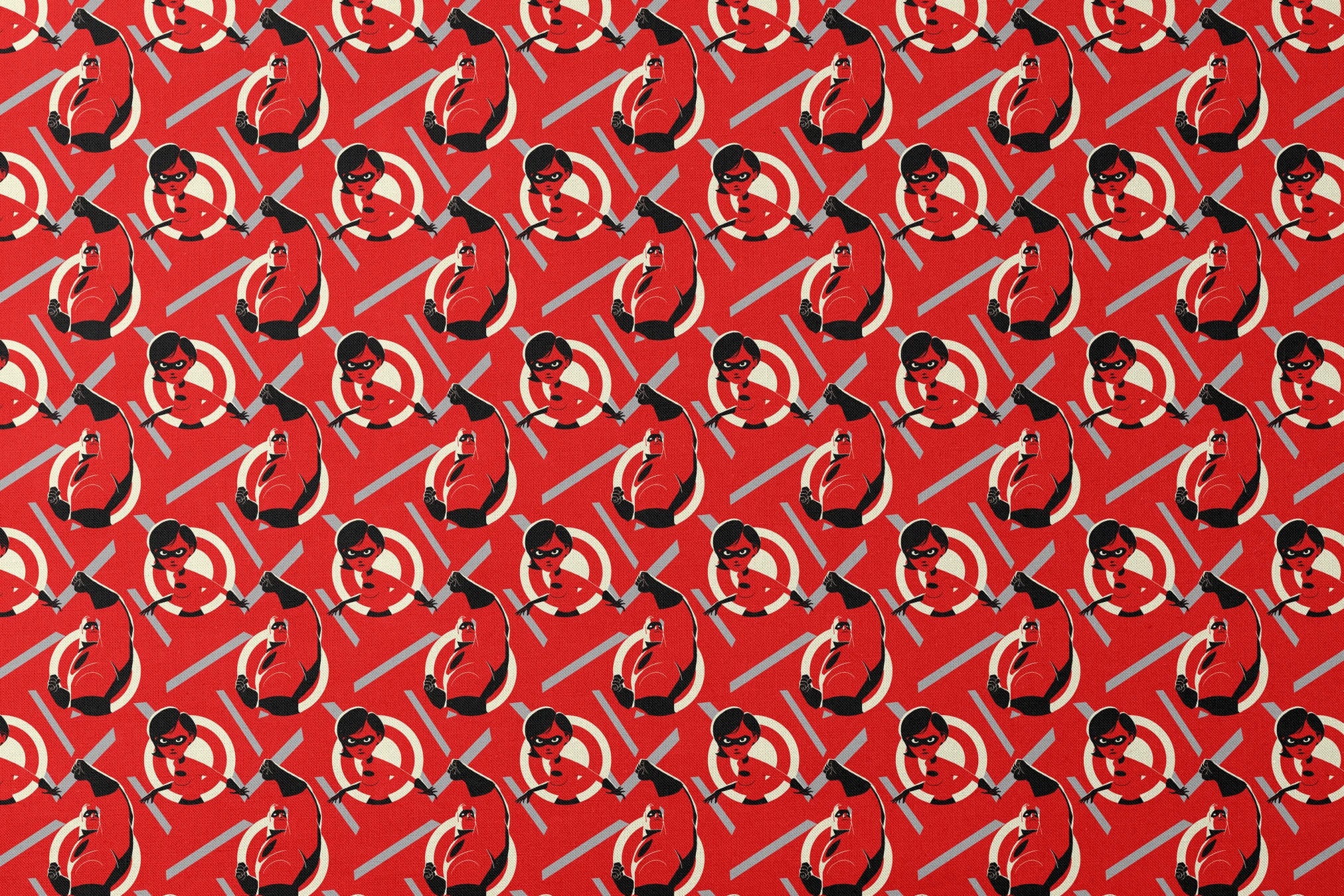 Stylized Incredibles characters in red, black and white with a dynamic pose against spiral background pattern. designs flat mockup