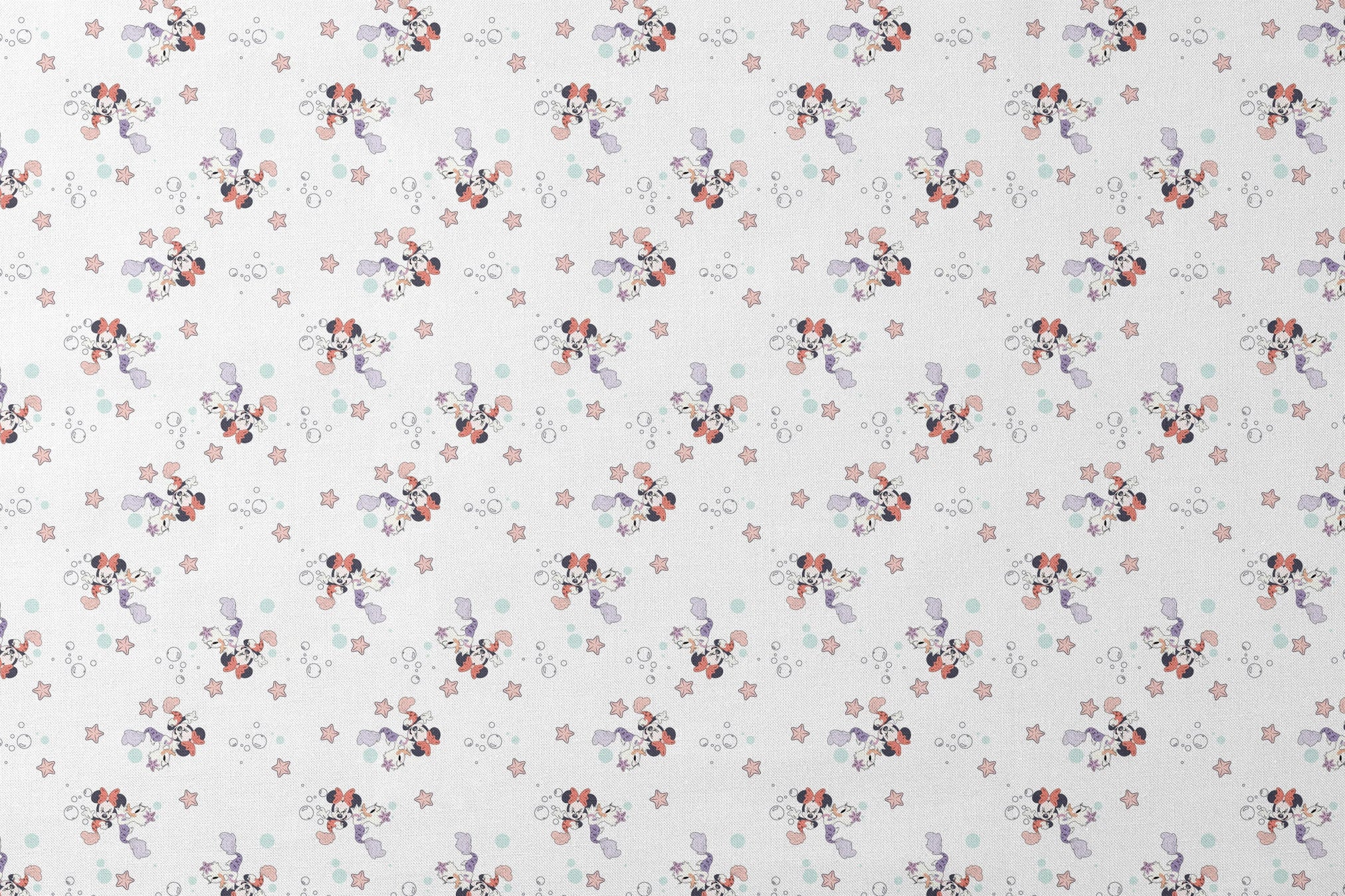 Minnie Mouse pattern with pastel stars and bubbles on white background, playful cartoon style designs flat mockup