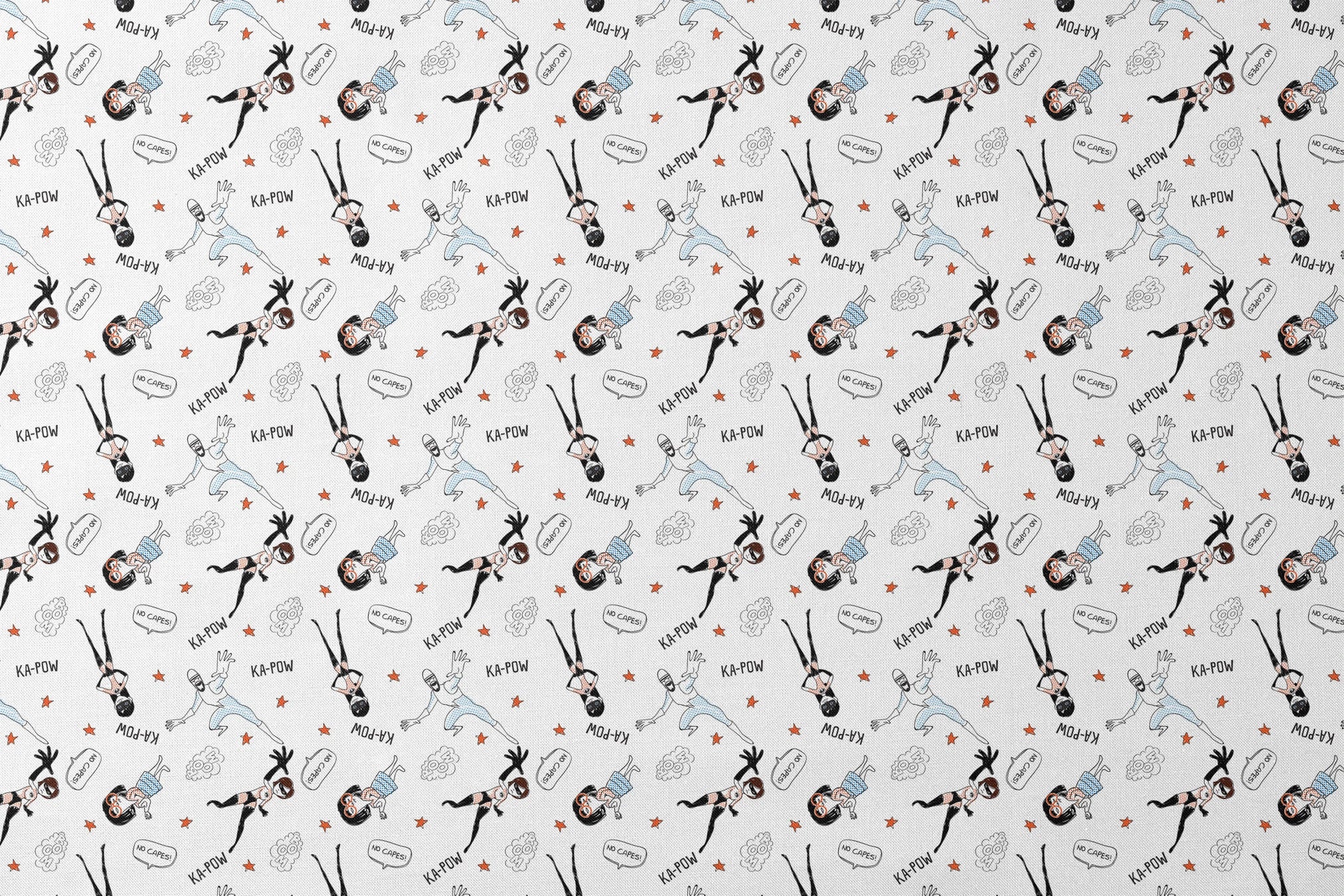 The Incredibles in dynamic poses with comic book sound effects like "KA-POW" on white background with orange stars designs flat mockup