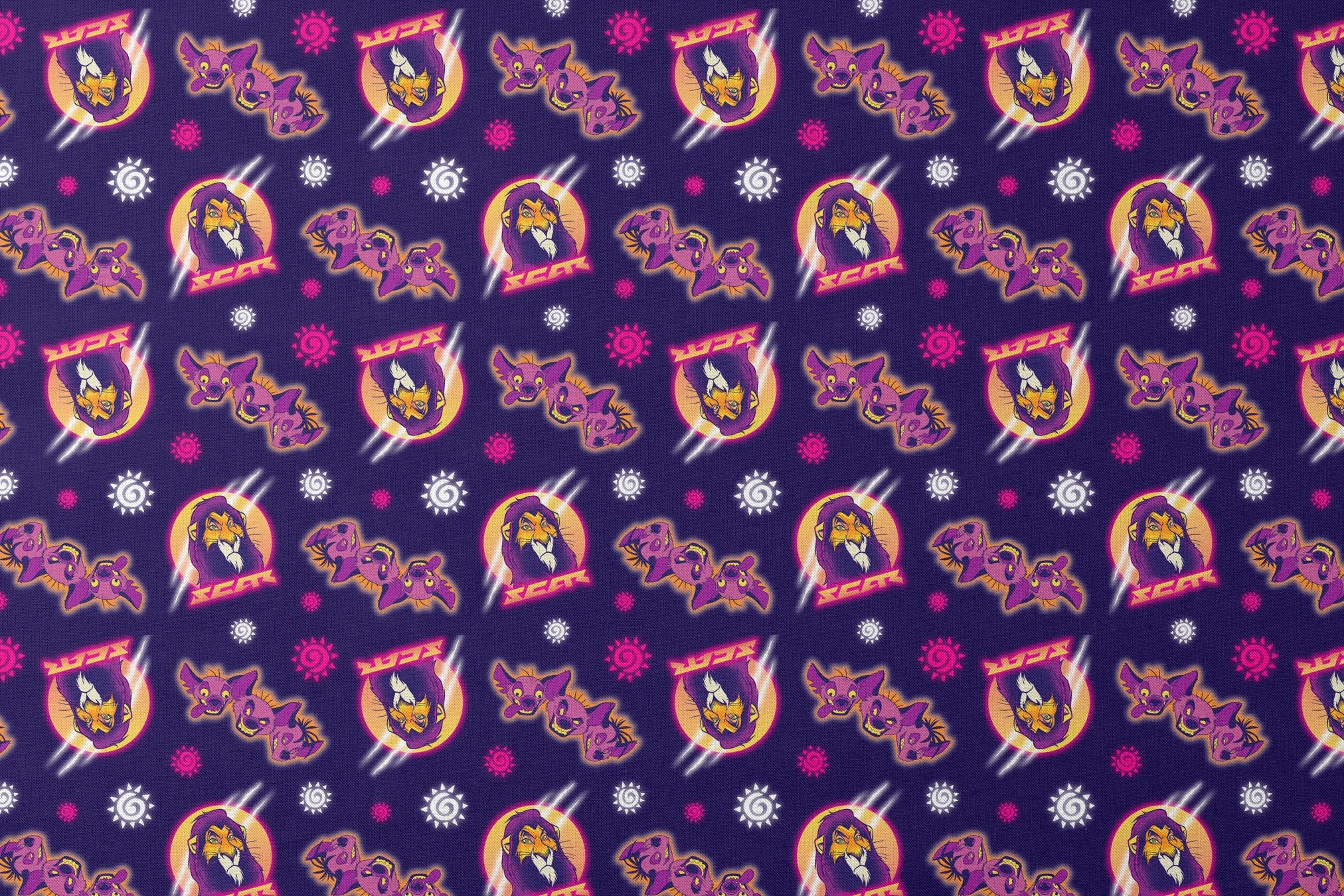 Lion and hyena characters pattern with suns on purple background, Disney's Lion King inspired design designs flat mockup