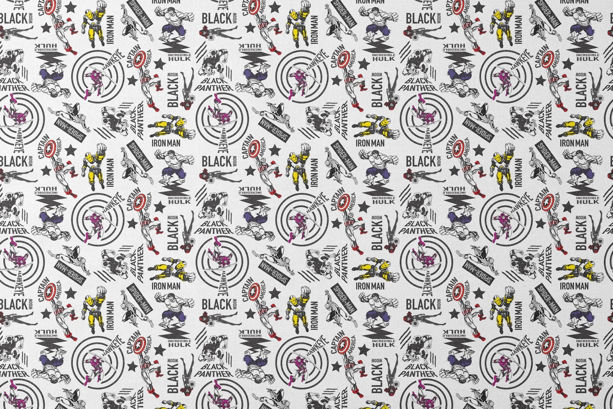 Marvel superheroes pattern with Iron Man, Captain America, Hulk, and Black Panther on white background designs flat mockup