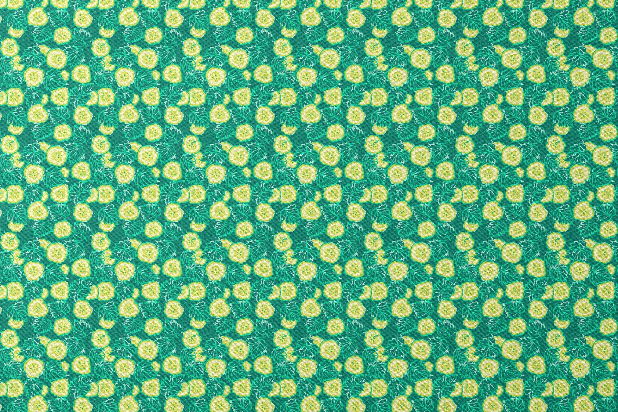 Vibrant green background with yellow cucumber slices and light green leafy patterns designs flat mockup