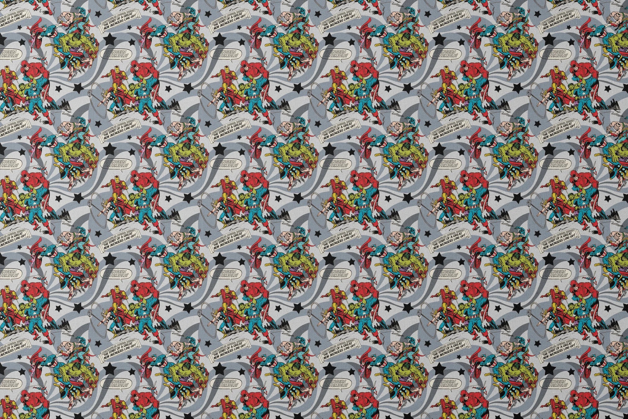 Colorful comic book style pattern with Marvel superheroes on gray background with stars and swirls designs flat mockup