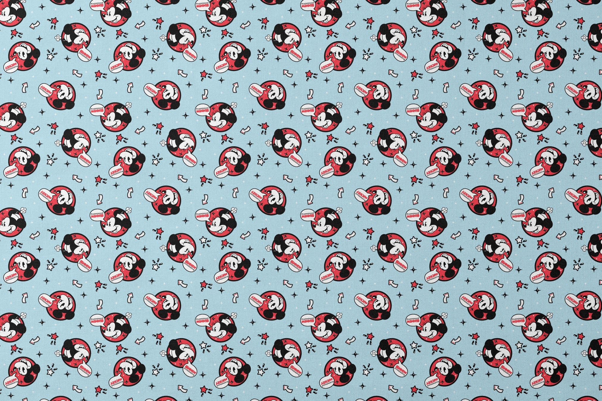 Disney Mickey Mouse pattern with red circular emblems on light blue background with stars and arrows designs flat mockup
