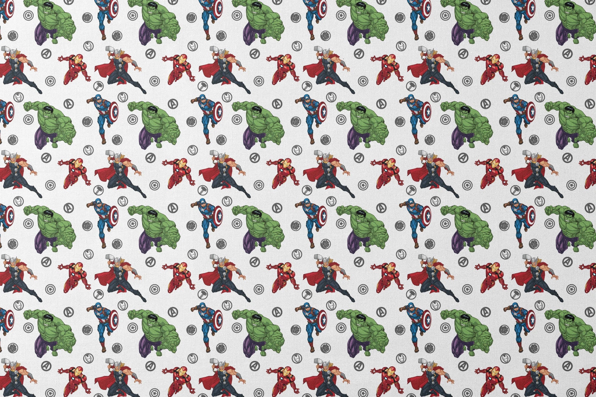 Marvel Avengers characters pattern with Hulk, Thor, Iron Man, and Captain America among superhero logos designs flat mockup
