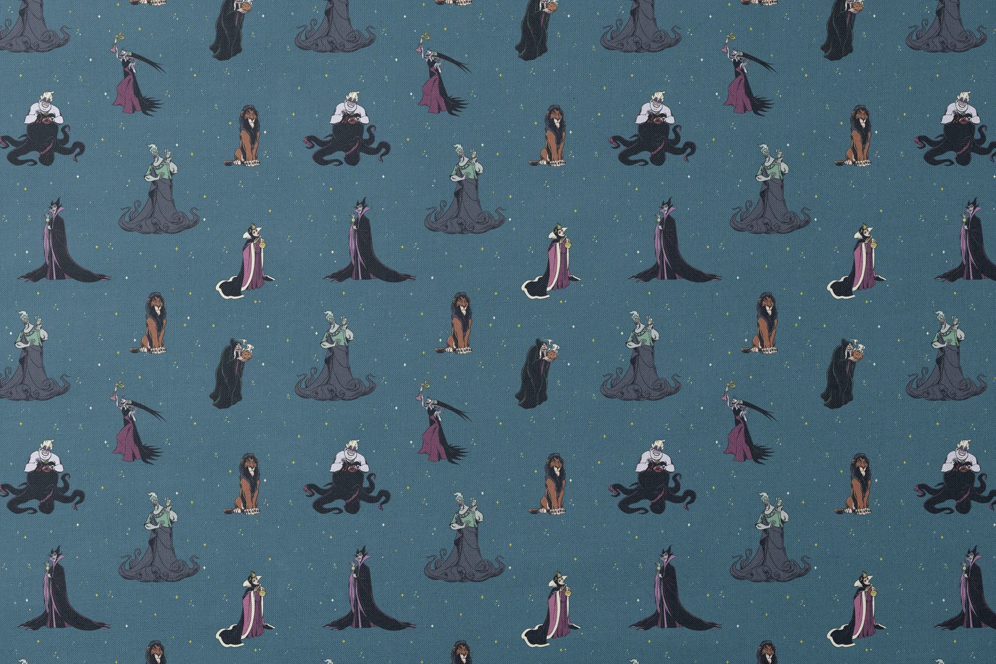 Disney villains pattern on teal background featuring Ursula, Maleficent, Cruella, and Scar in various poses designs flat mockup