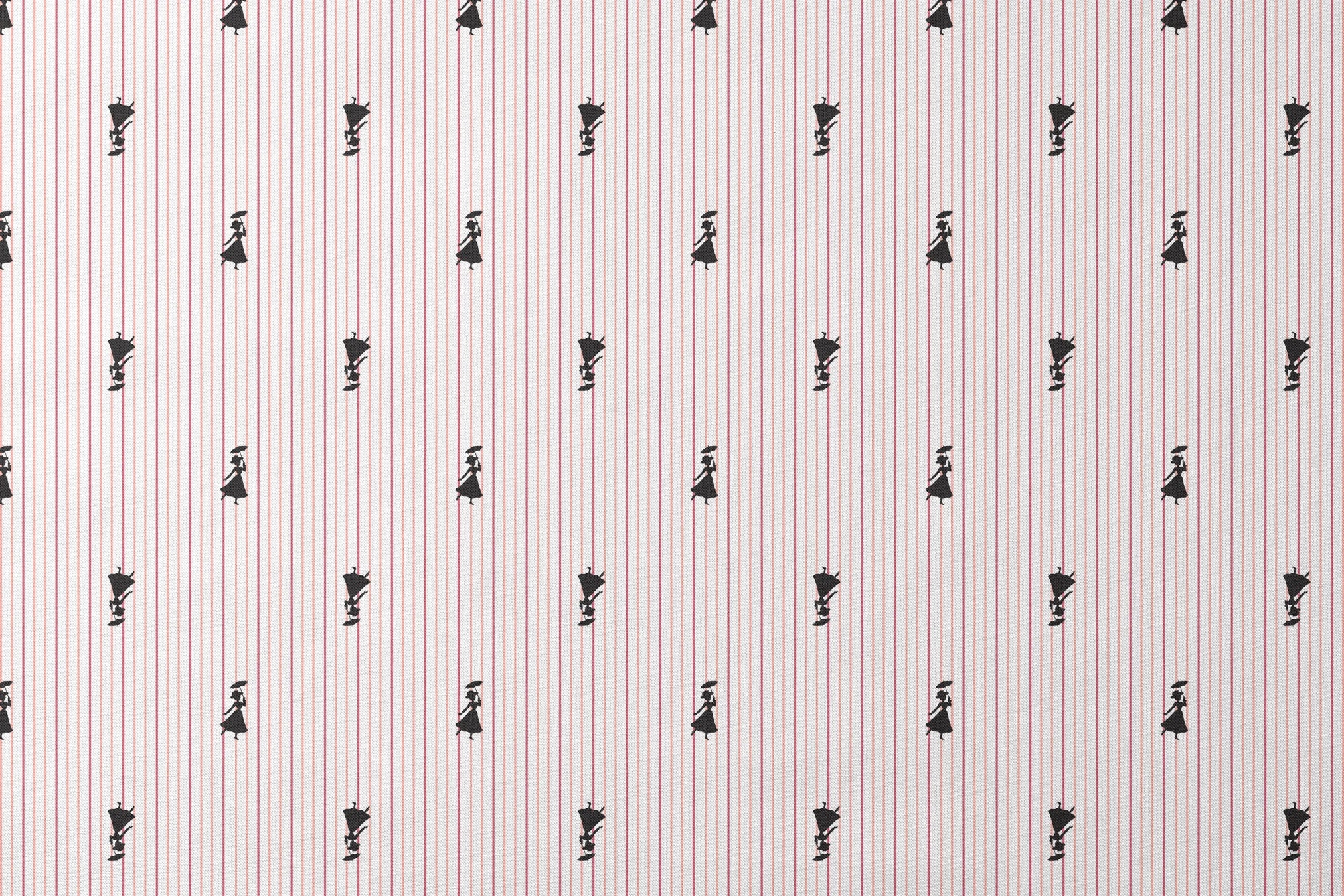 Mary Poppins silhouette figures on white background with thin pink vertical stripes designs flat mockup