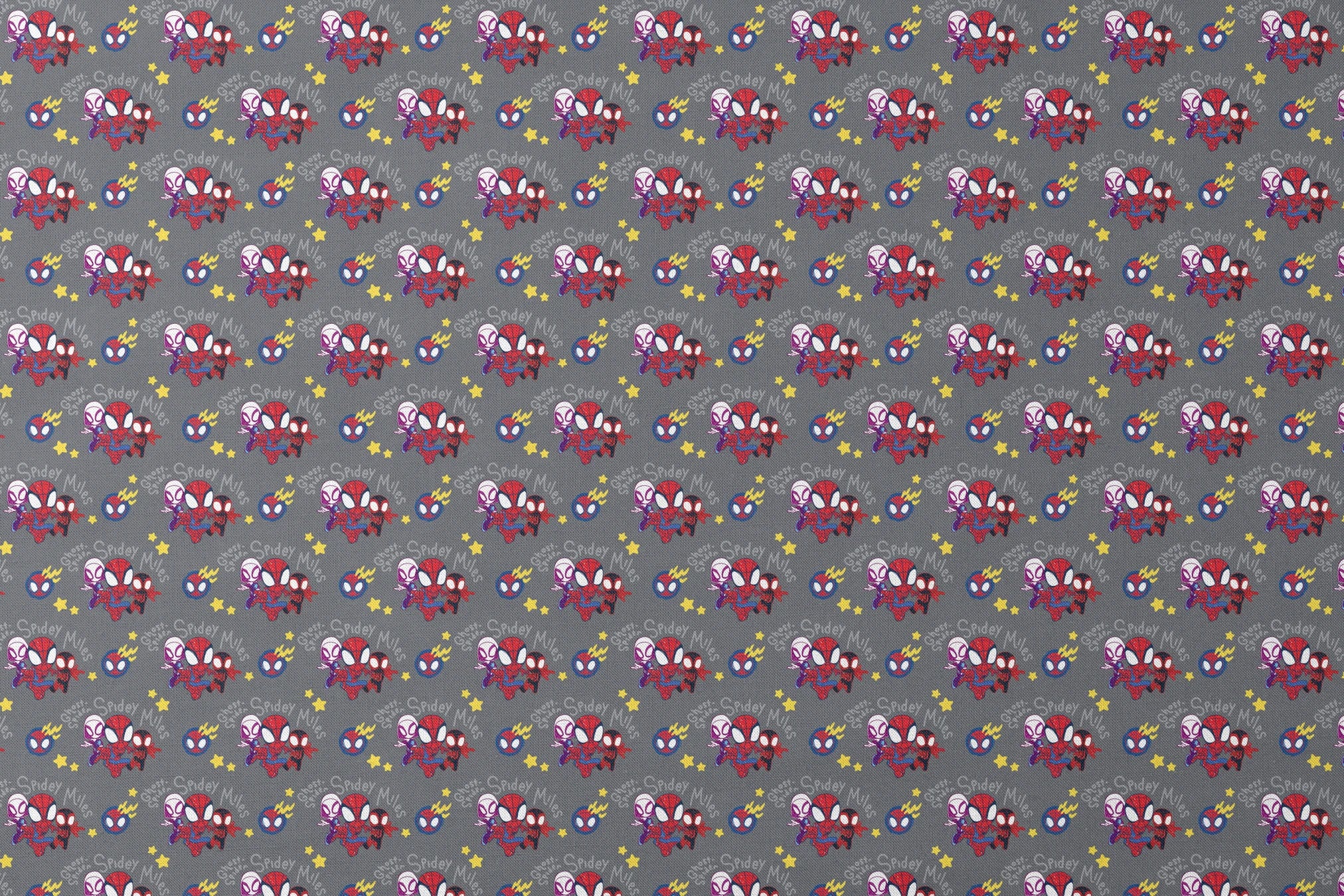 Cartoon Spider-Man characters pattern with stylized spider heroes and yellow stars on gray background designs flat mockup
