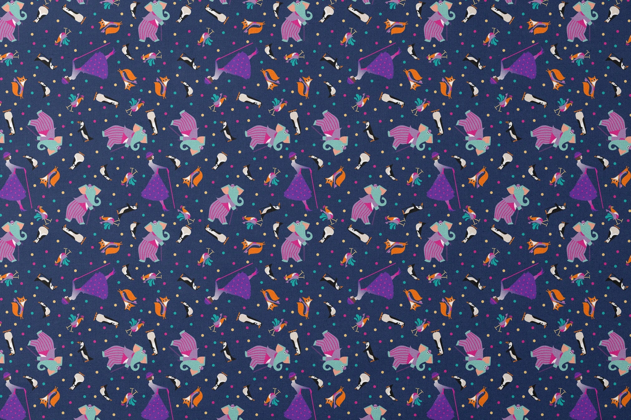 Colorful Mary Poppins pattern of whimsical animals including foxes and birds on a dark blue background with polka dots designs flat mockup