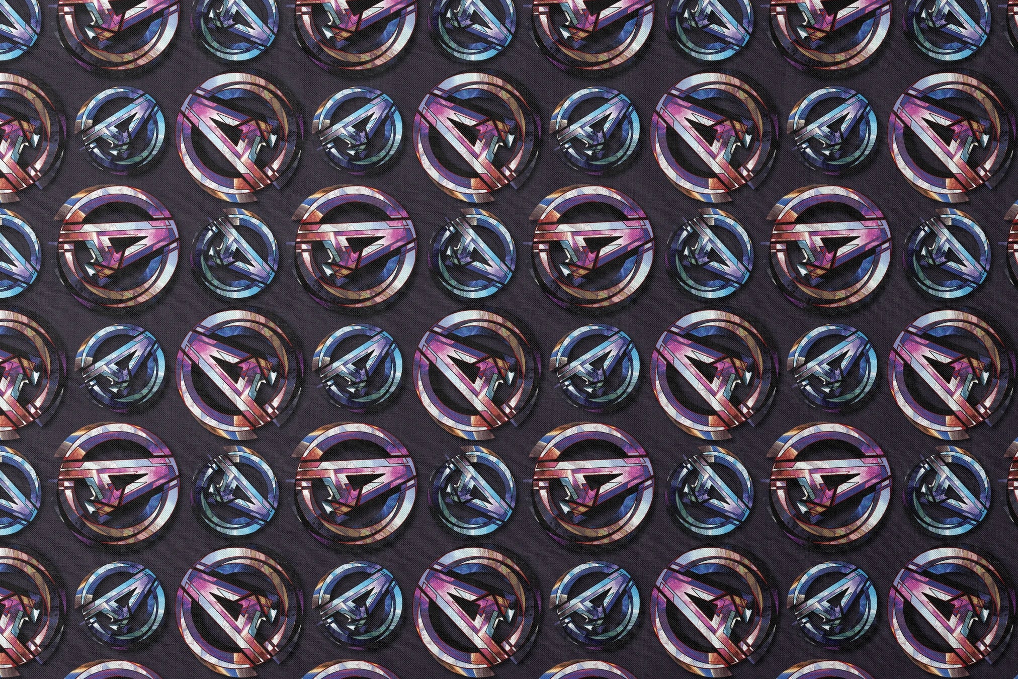 Colorful metallic Avengers logo pattern with iridescent purple and blue reflections on dark background designs flat mockup