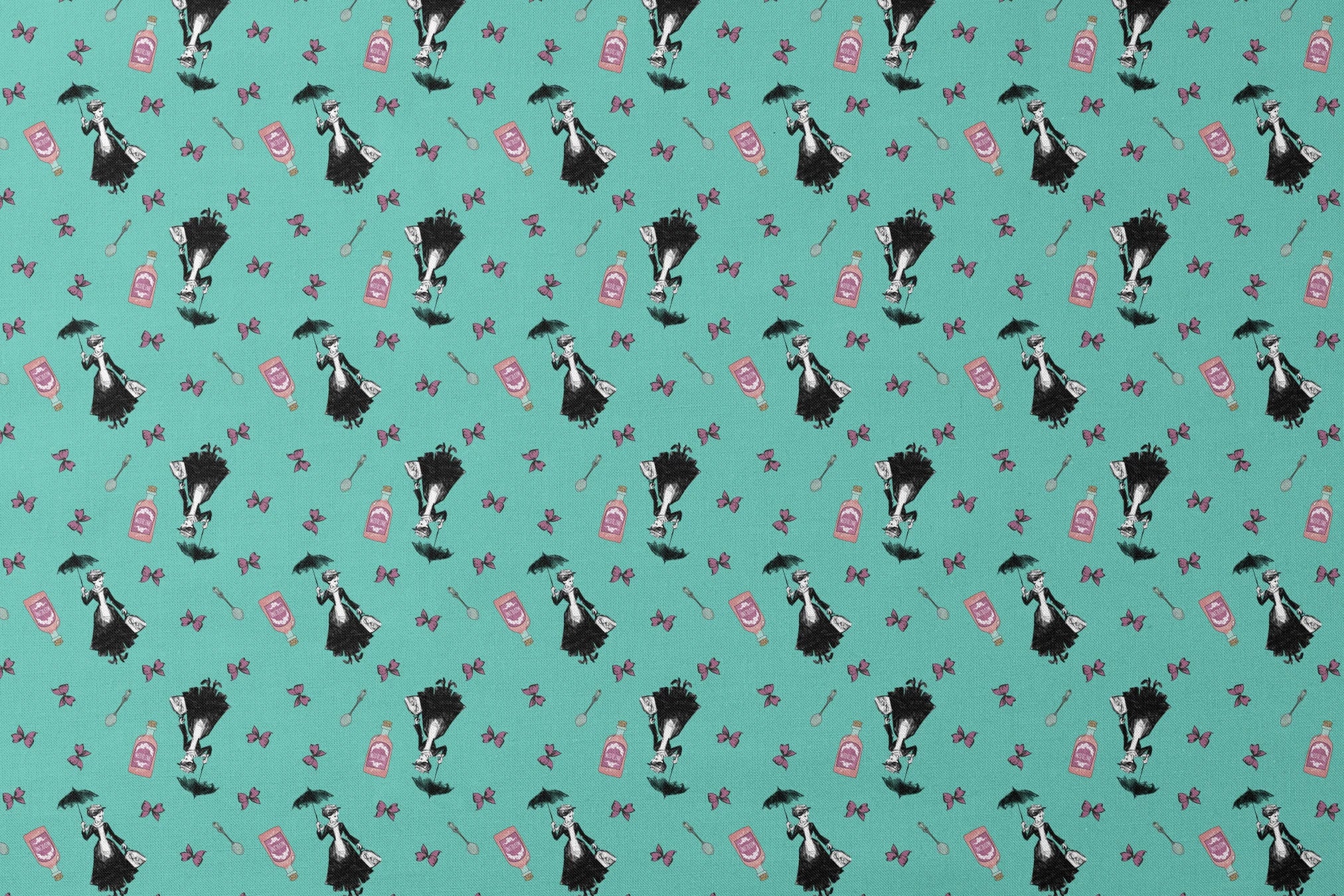 Whimsical illustration pattern with Mary Poppins holding umbrella, pink bottles, and purple butterflies on mint green background. designs flat mockup
