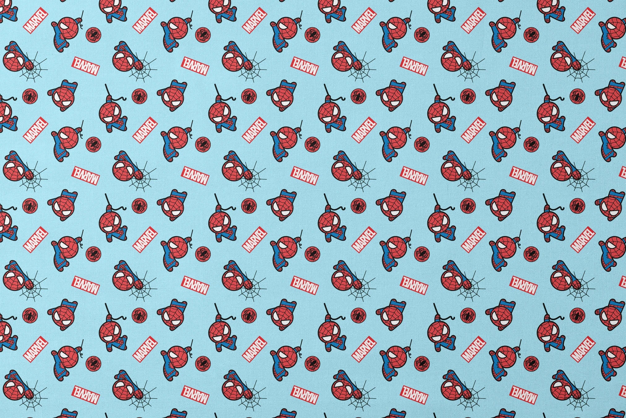Spider-Man pattern with cartoon character poses, Marvel logos, and spider symbols on light blue background designs flat mockup