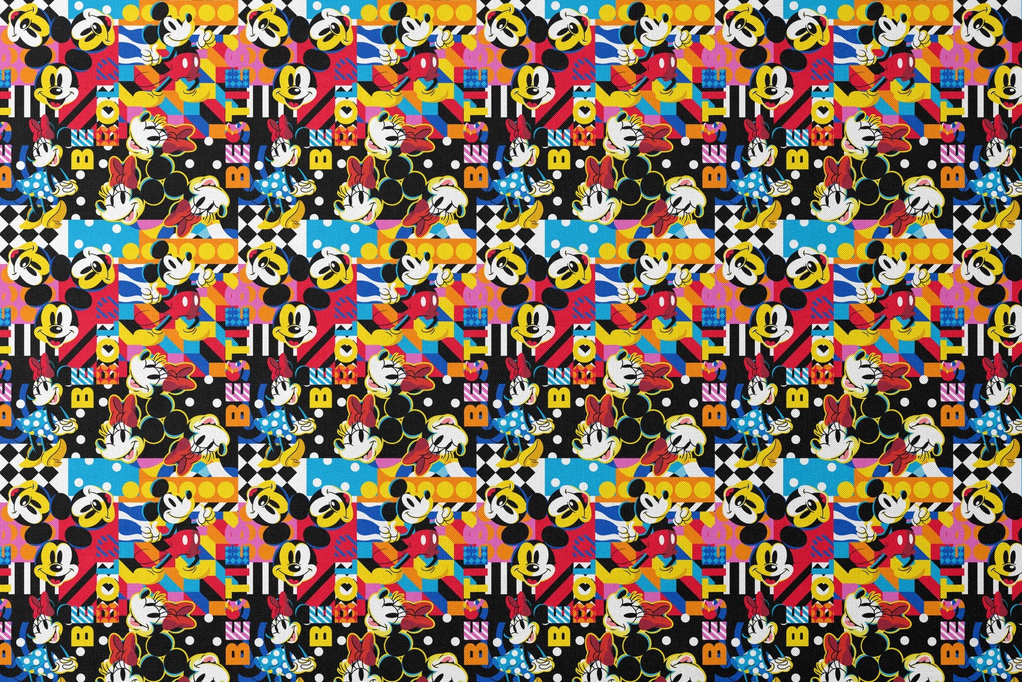 Vibrant pop art collage of Mickey Mouse in various poses against colorful geometric patterns and backgrounds designs flat mockup