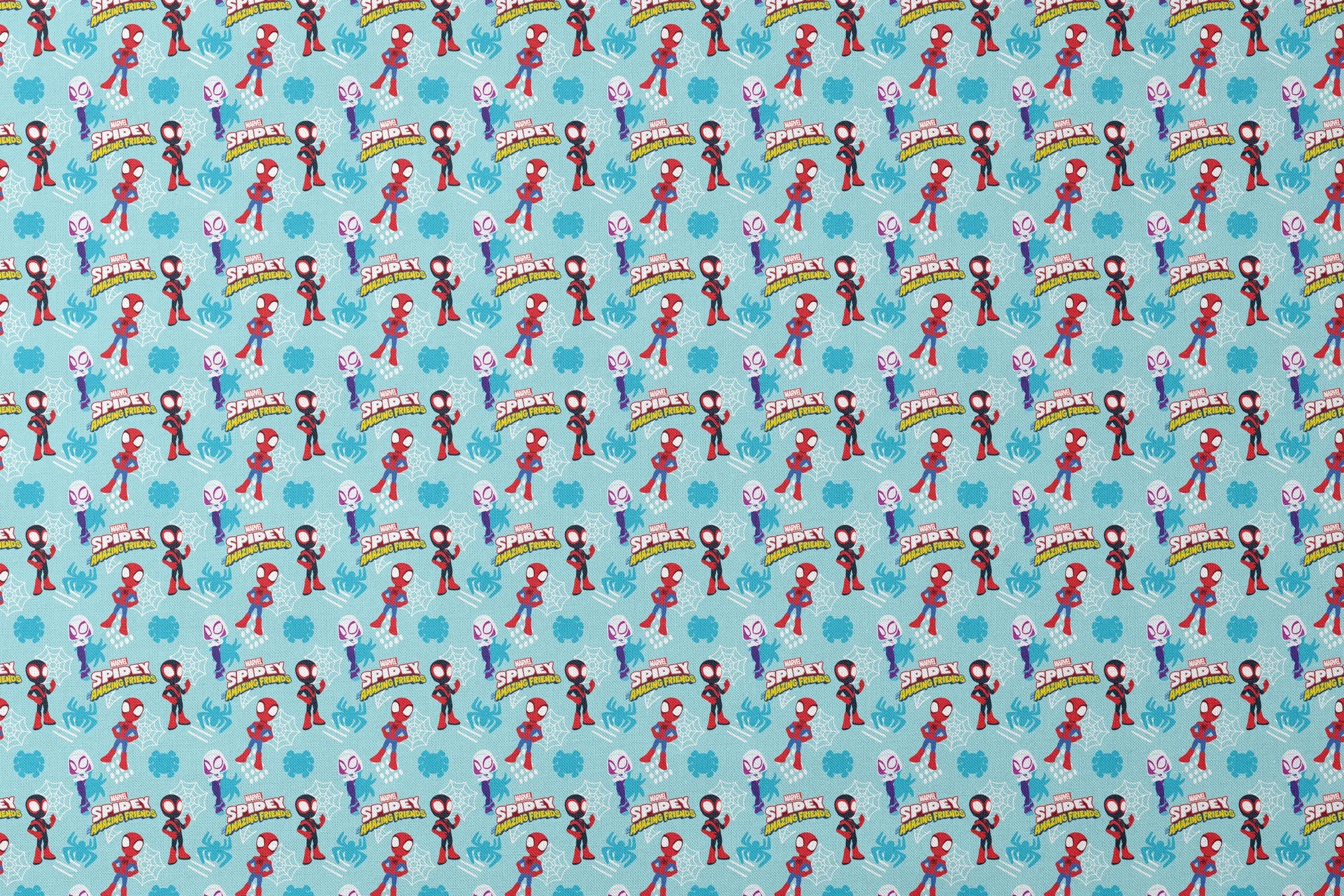 Marvel Spider-Man cartoon characters on blue background with spider webs and logos, featuring different Spider-Man costume variants. designs flat mockup