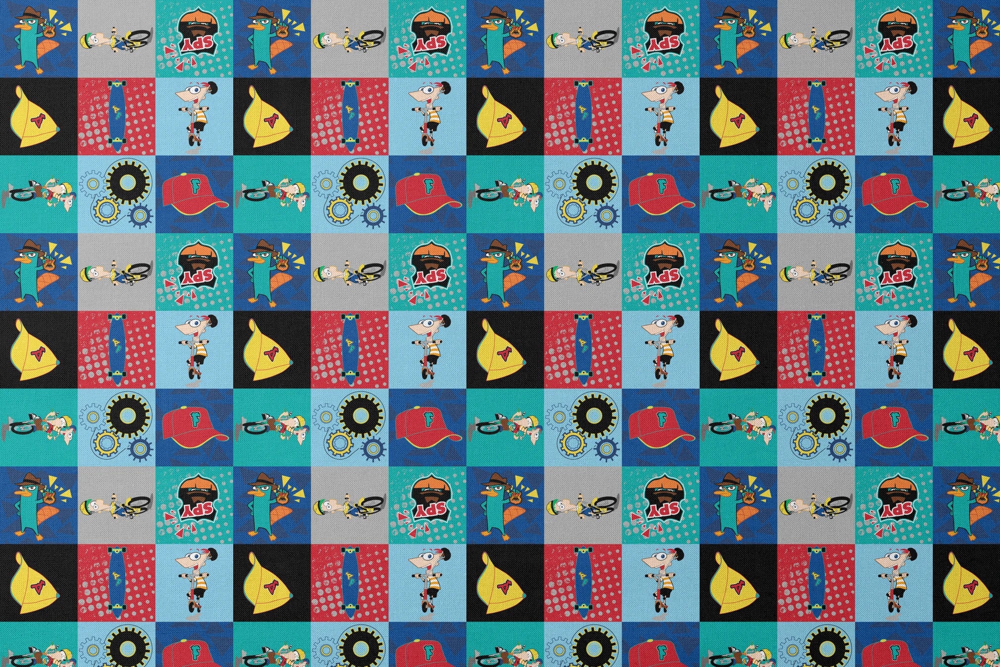Phineas and Ferb cartoon characters in 9-square grid featuring Perry, logos, and mechanical designs designs flat mockup