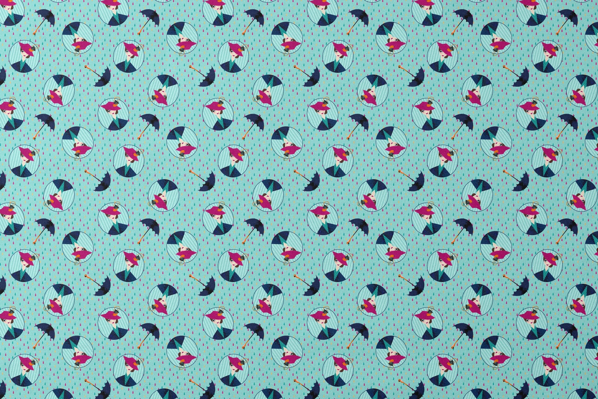 Colorful rainy pattern with Mary Poppins holding umbrellas in circular frames on turquoise background with pink raindrops designs flat mockup