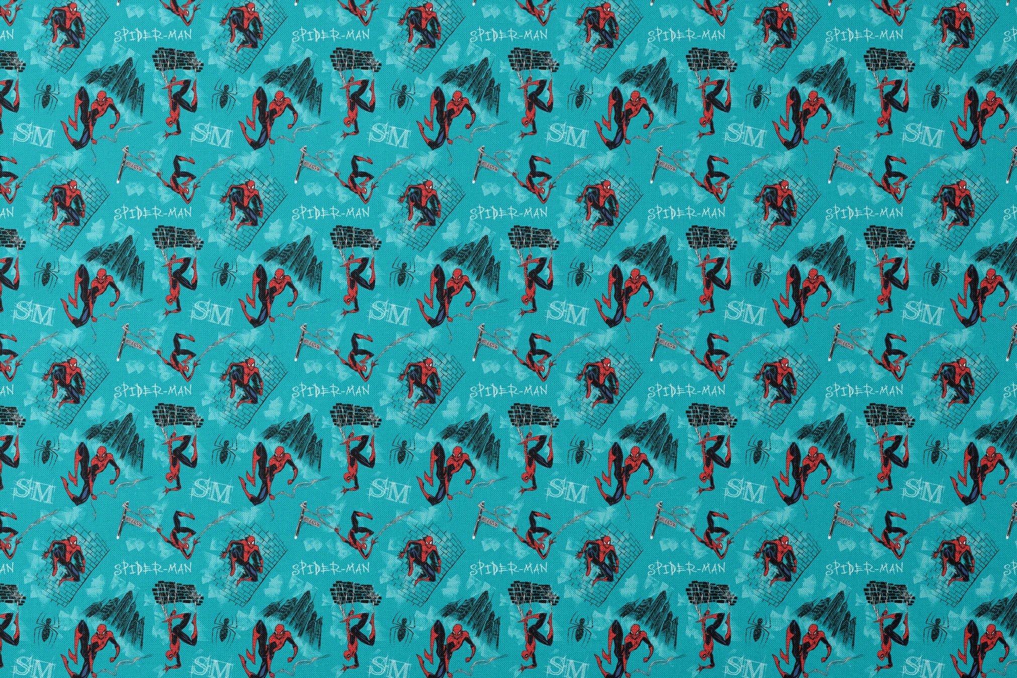 Spider-Man pattern on turquoise background with multiple poses, web designs, and logos designs flat mockup