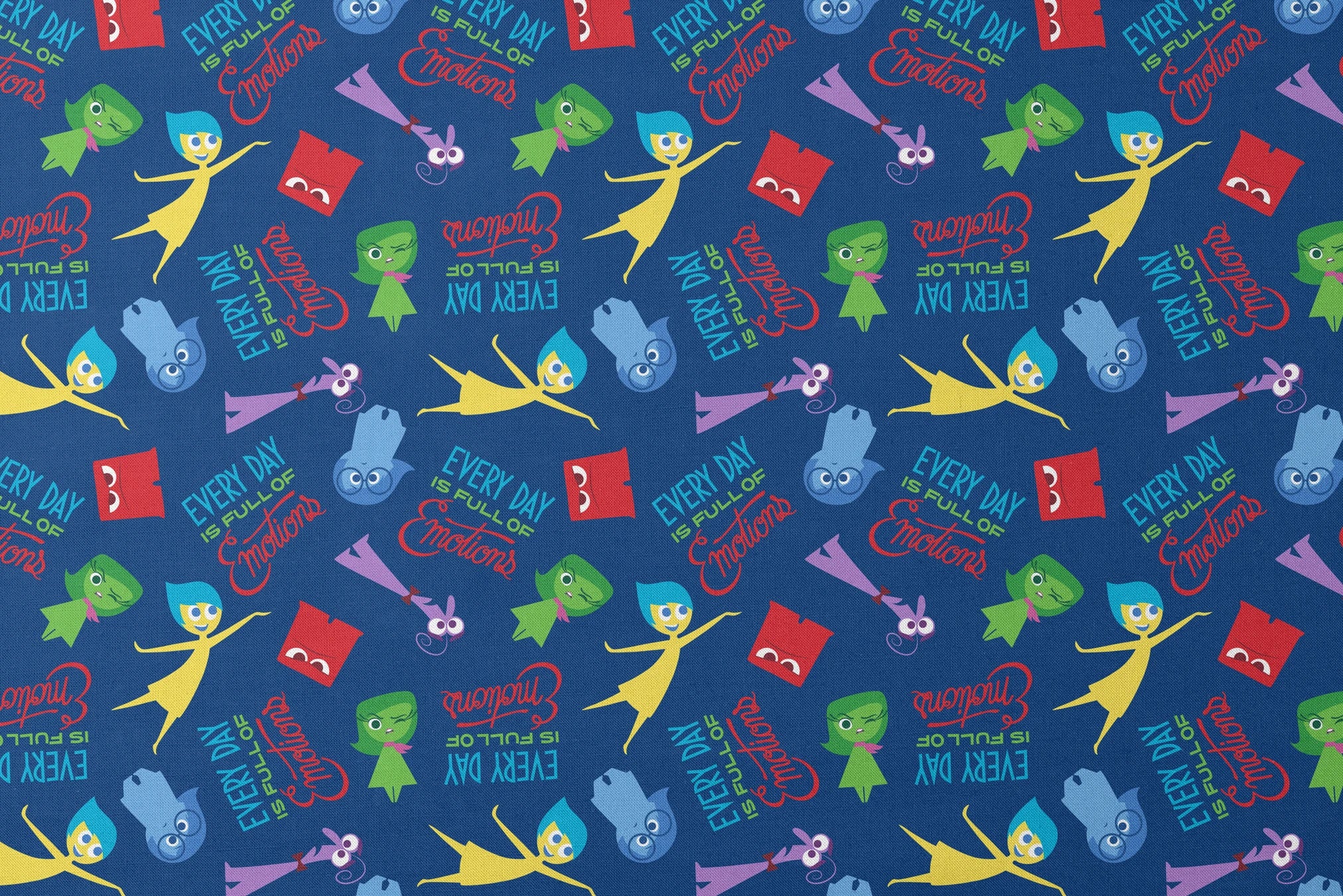 Colorful cartoon character pattern on blue background with characters from Inside Out movie and text phrases designs flat mockup