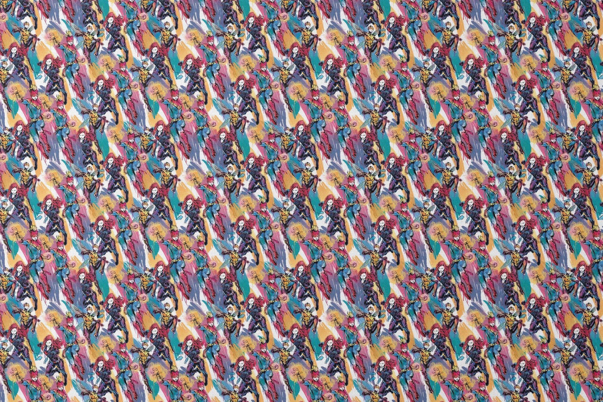 Colorful comic book superhero pattern with characters in dynamic poses against abstract brushstroke background designs flat mockup