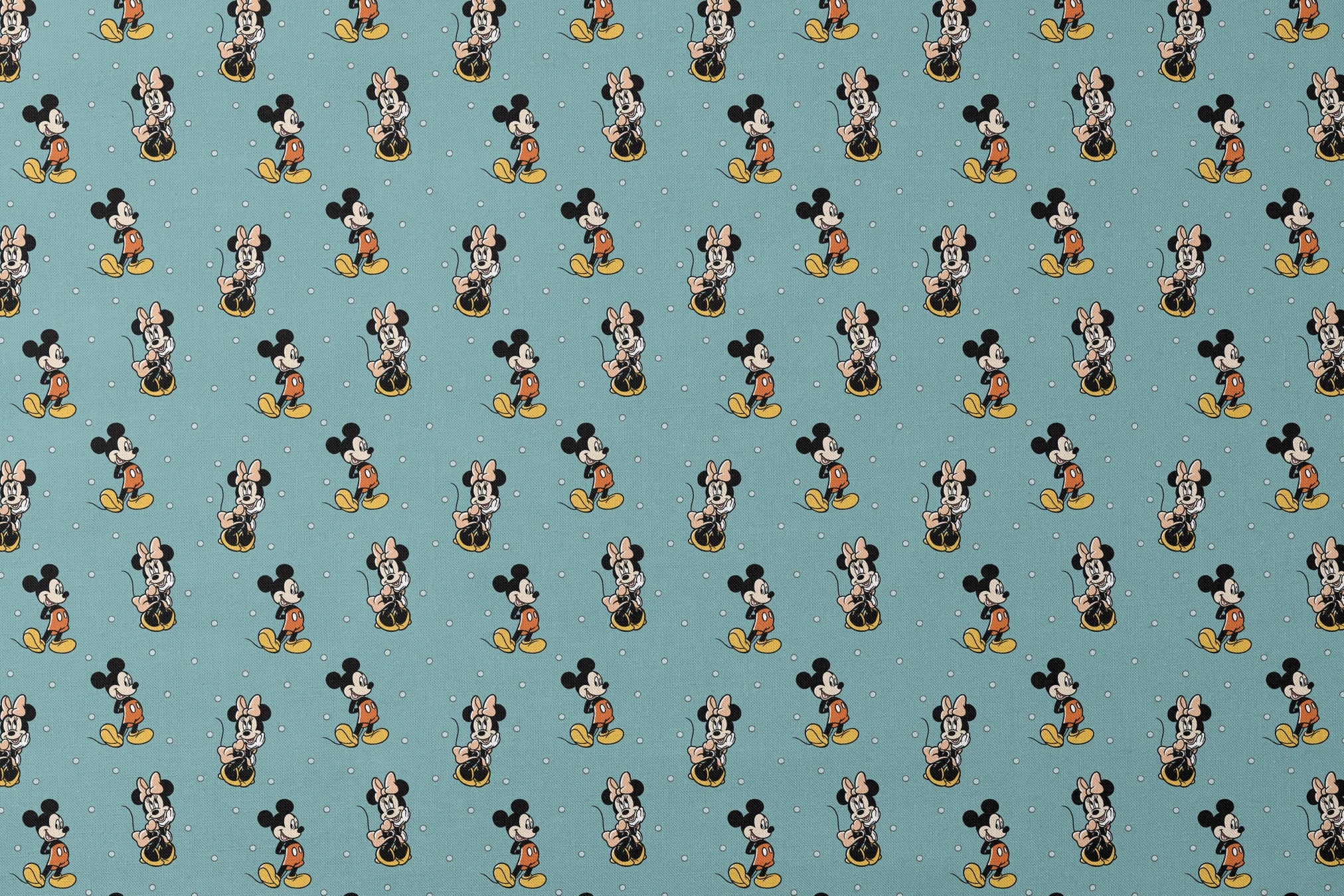 Cartoon pattern of Mickey and Minnie Mouse characters on light blue background with white dots designs flat mockup
