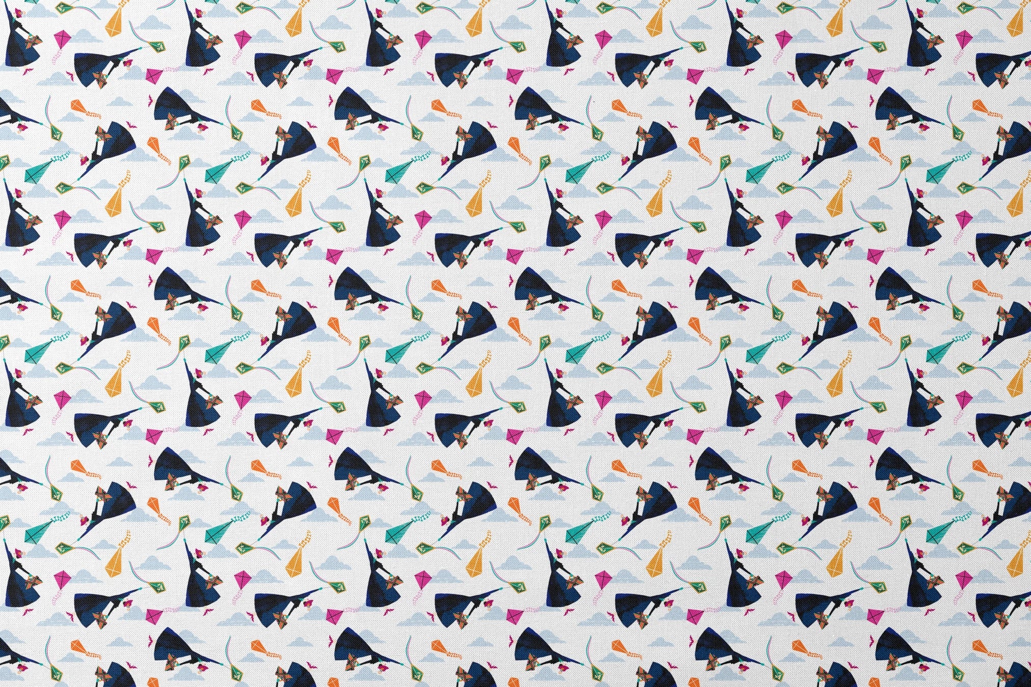 Colorful kites in orange, pink, and green along with Mary Poppins flying in a cloudy blue sky designs flat mockup
