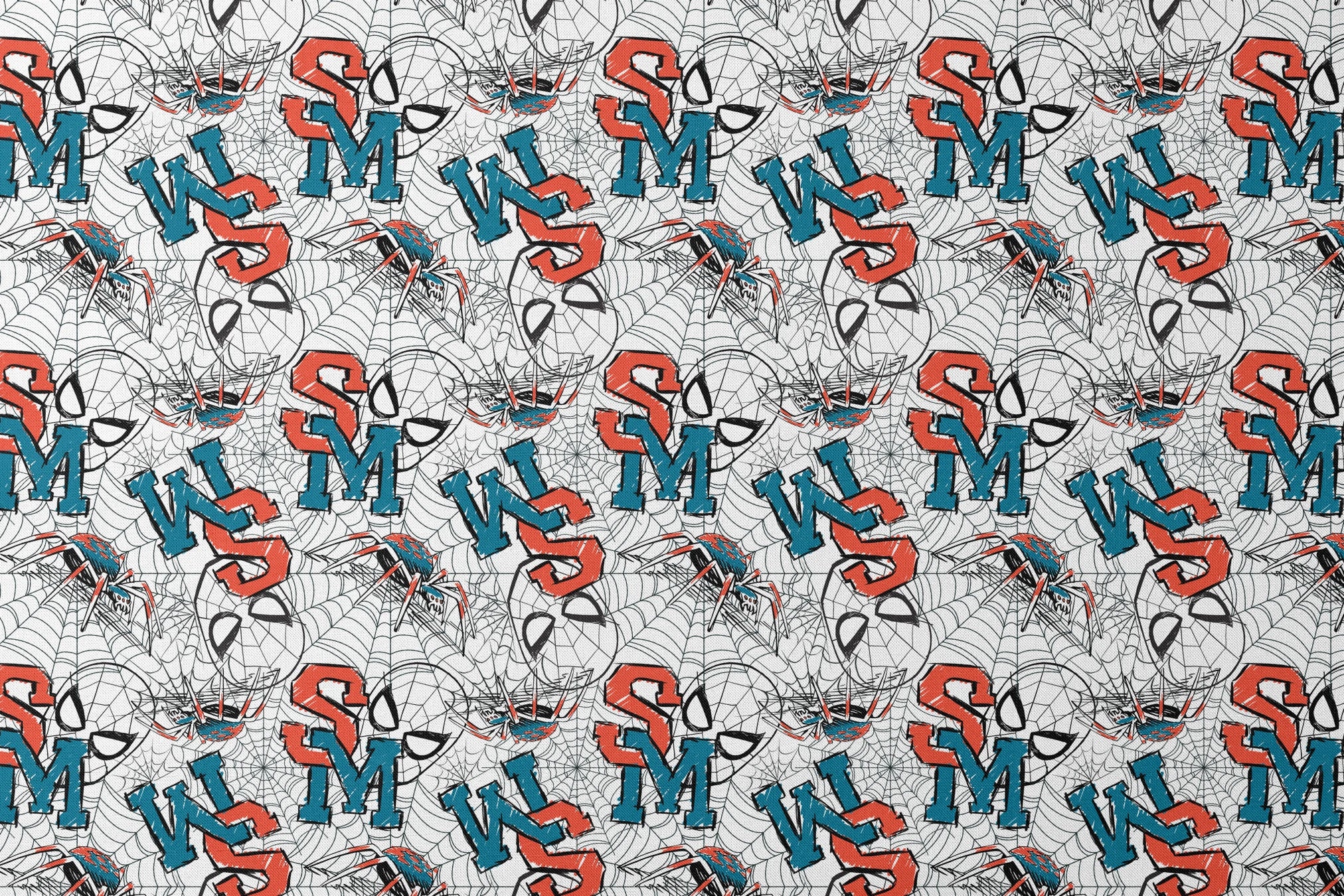 Abstract design with blue and red letters (S, M, K) overlaid with black spider web patterns on white background designs flat mockup