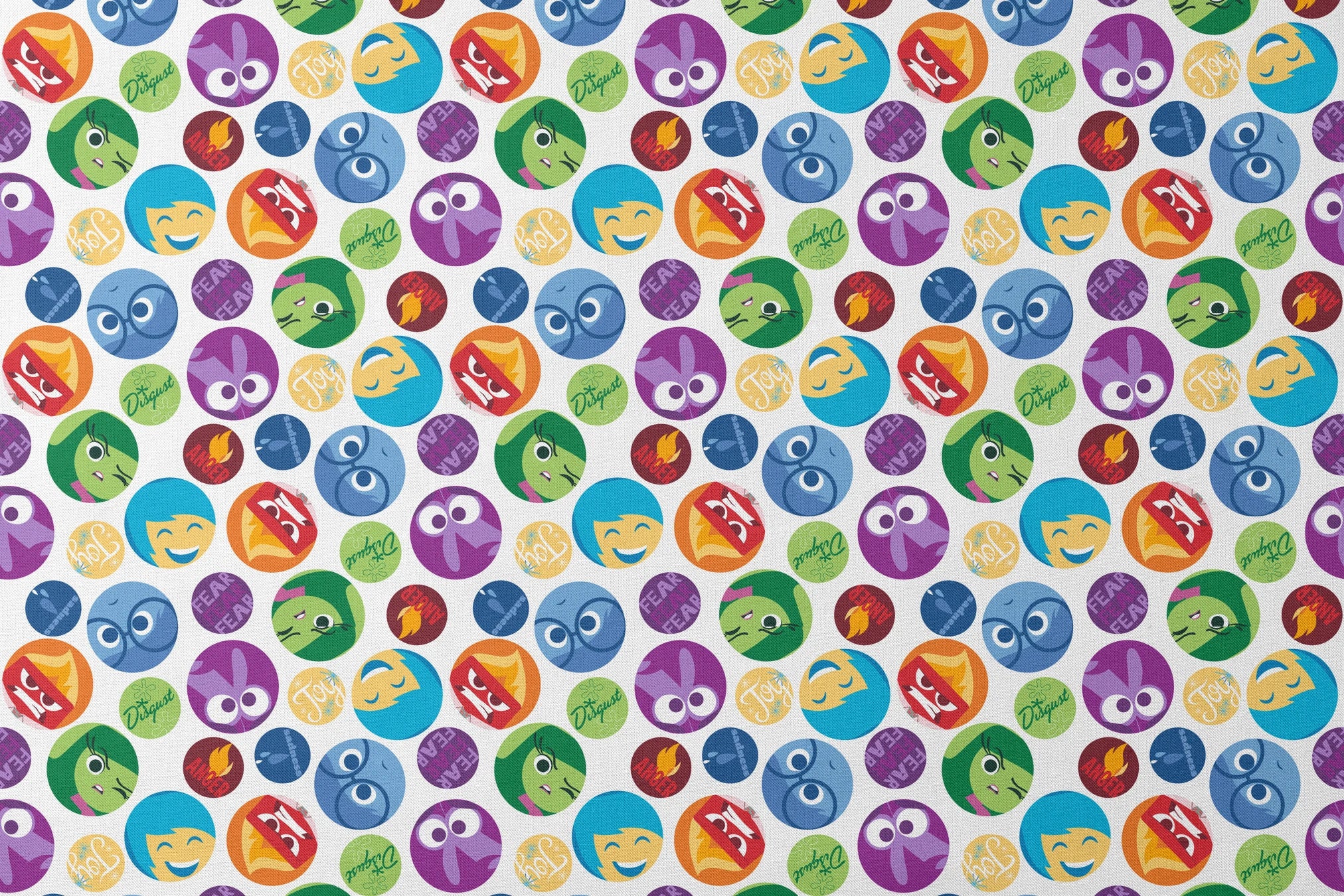 Colorful Inside Out character circles with various expressions in purple, green, blue, yellow, and red designs flat mockup
