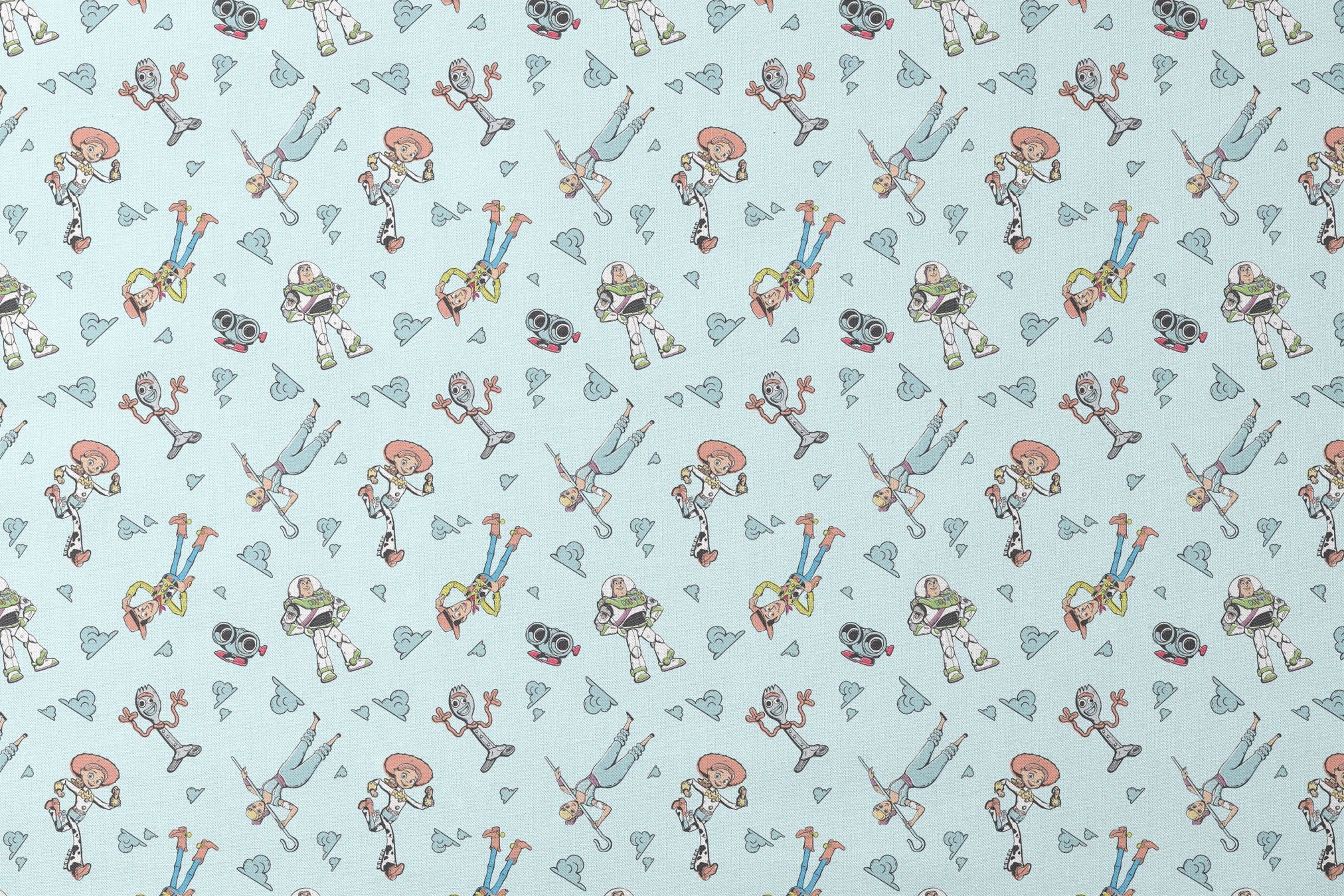Cartoon characters from "Toy Story" floating on light blue background with cloud patterns designs flat mockup