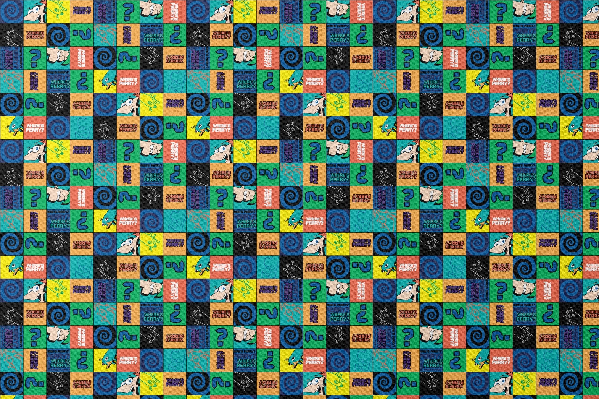 Colorful grid pattern with Phineas and Ferb cartoon characters, logos, question marks, and spirals in blue, green, and orange squares. designs flat mockup
