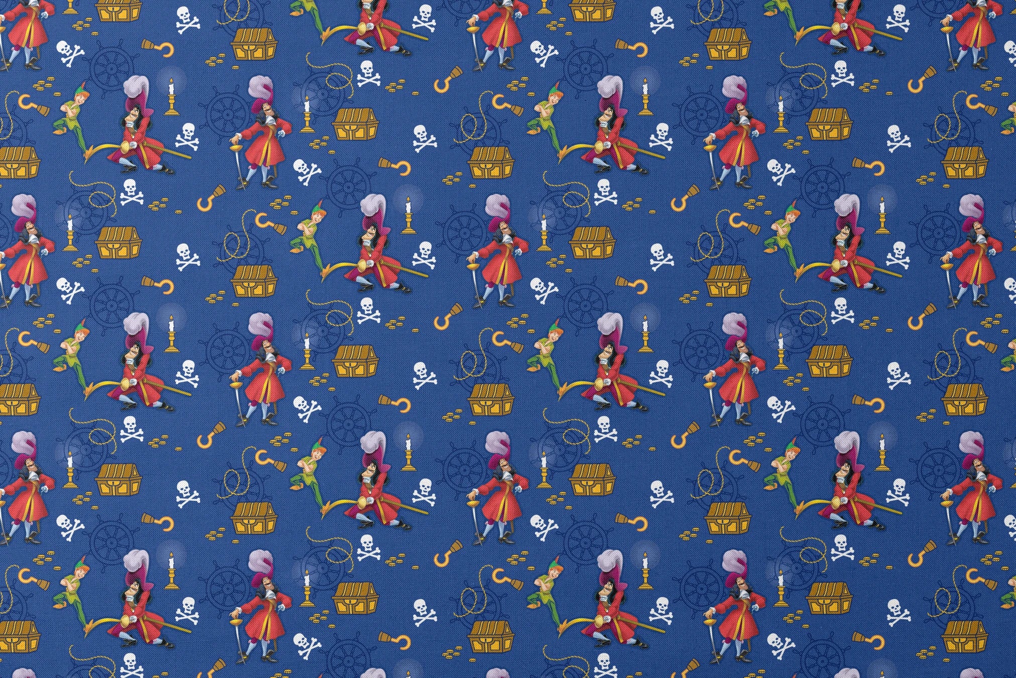 Pirate-themed pattern with captains, treasure chests, hooks, and skull symbols on blue background designs flat mockup