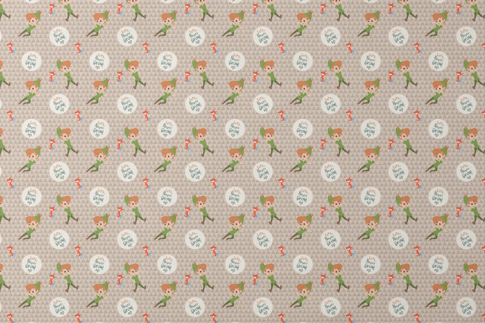 Cartoon pattern featuring Peter Pan character flying, orange foxes, and "Let's Never Grow Up" text on beige background designs flat mockup