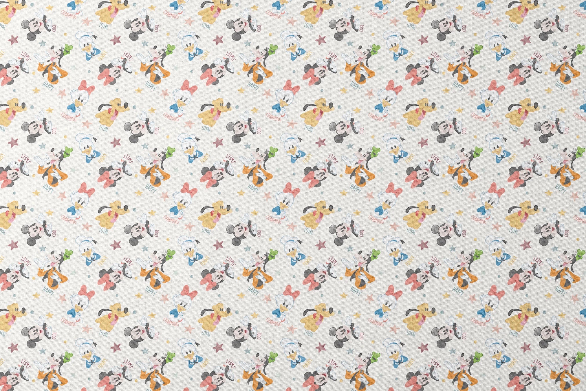 Colorful Disney character pattern with Mickey, Minnie, Donald, Pluto and stars on white background designs flat mockup