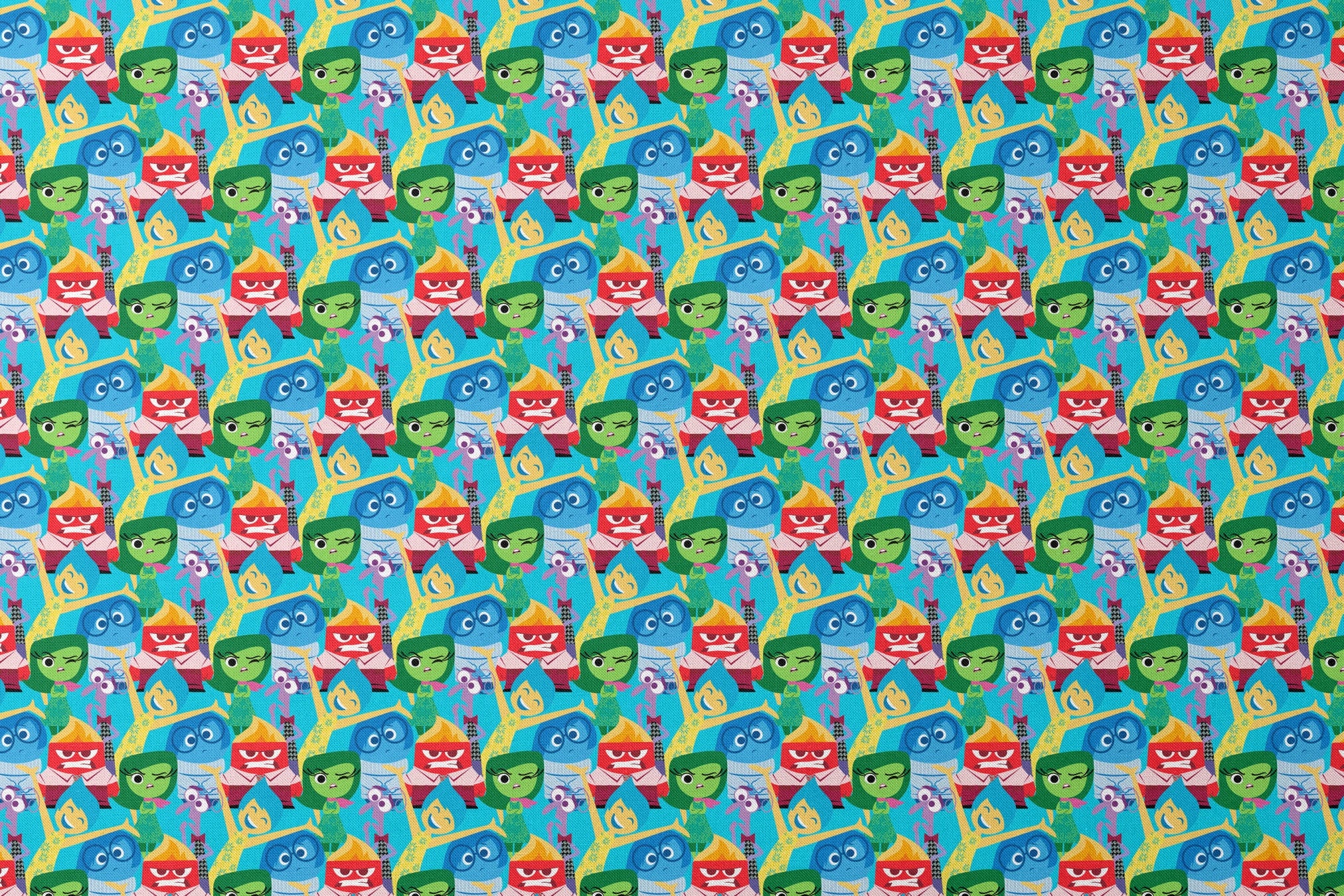 Colorful animated characters from Pixar's Inside Out - Joy, Sadness, Anger, Disgust and Fear in repeating pattern designs flat mockup