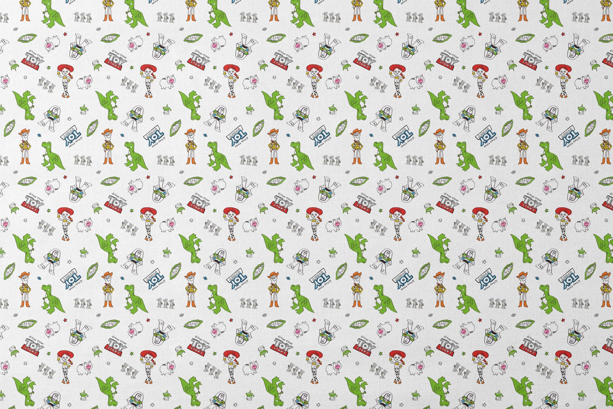 Toy Story pattern with Rex, Buzz, Woody, and alien characters scattered on white background designs flat mockup