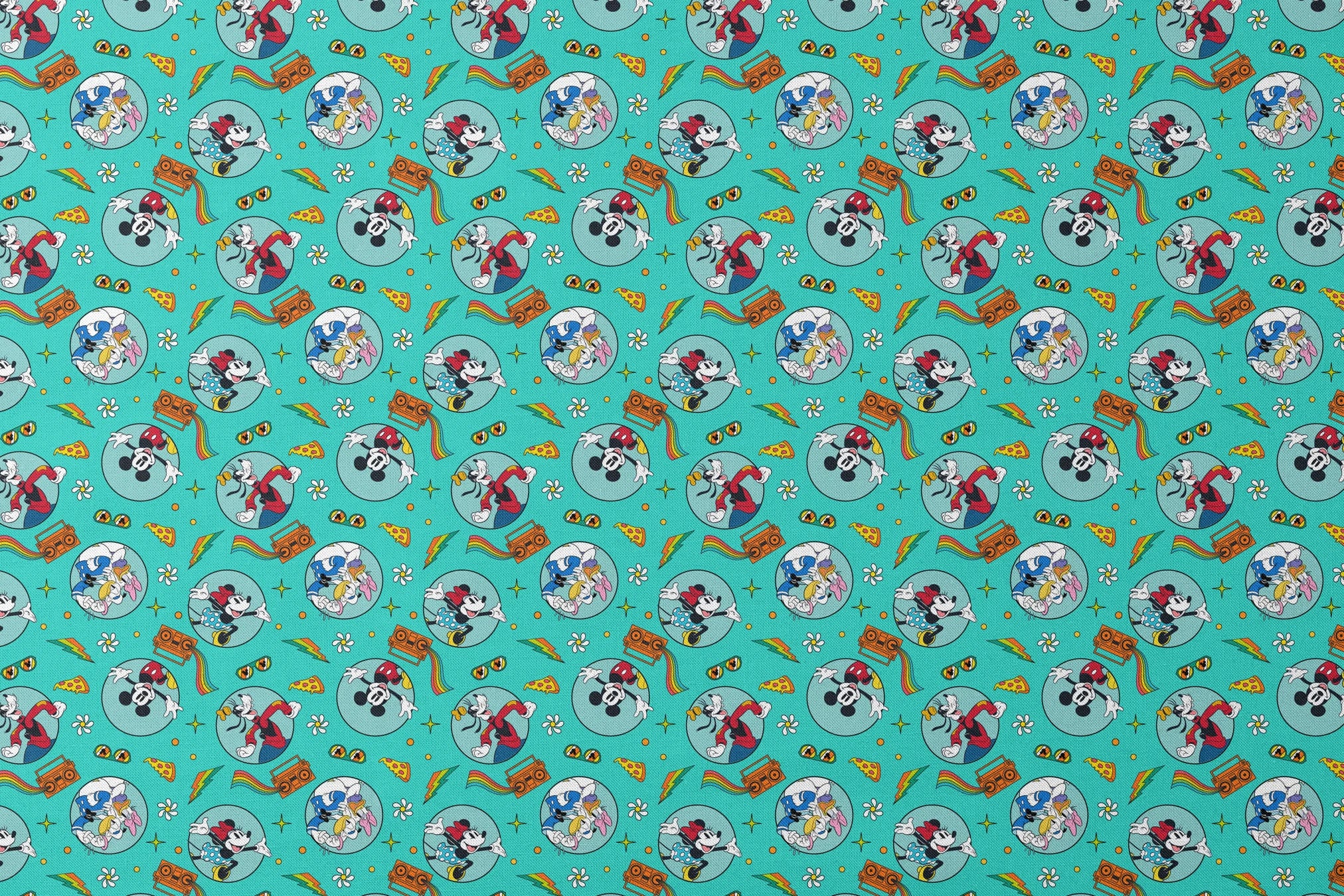 Colorful Mickey Mouse and friends pattern with pizza, boomboxes, sunglasses on teal background designs flat mockup