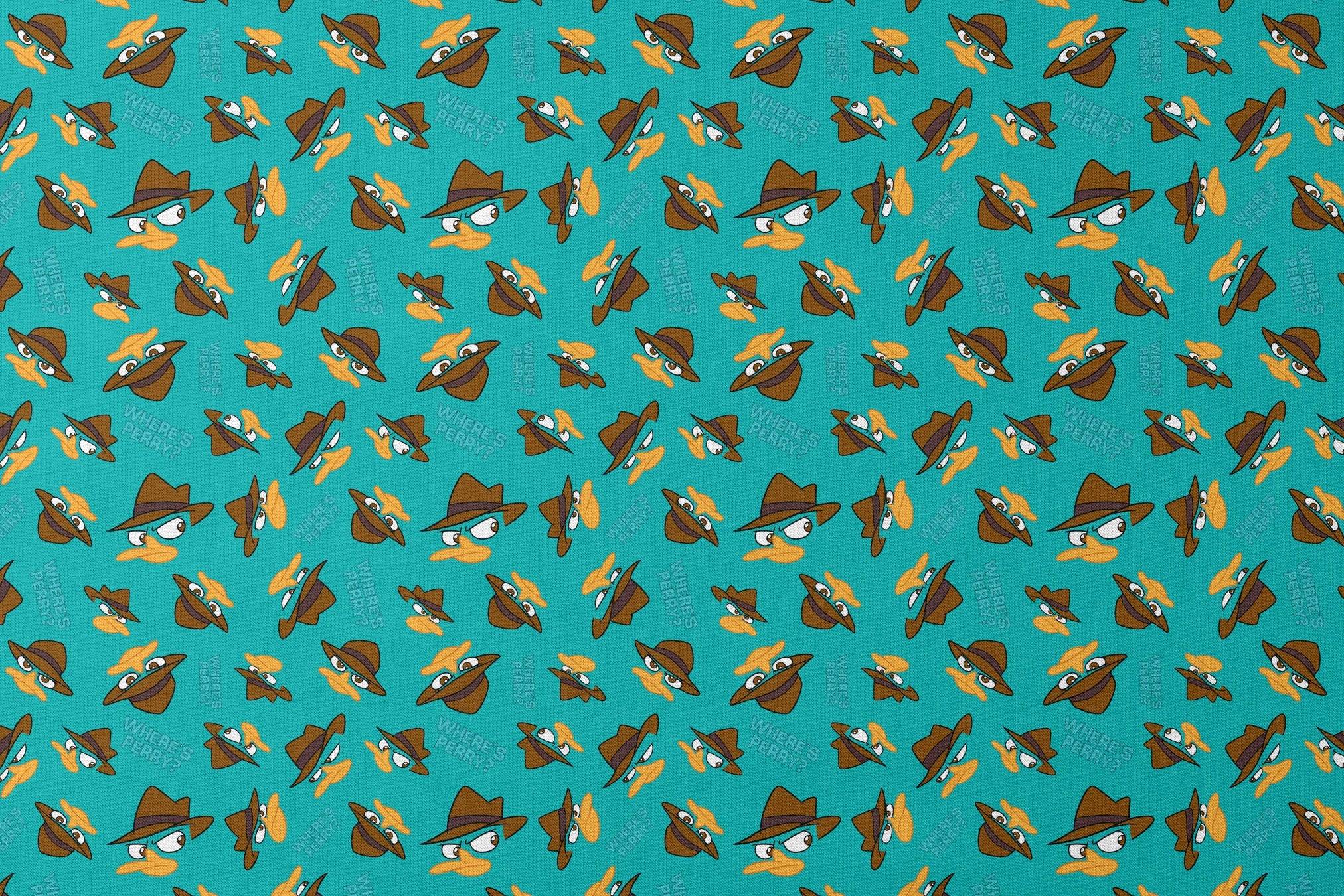 Pattern of cartoon character faces with brown fedora hats on teal background with "Where's Perry" text designs flat mockup