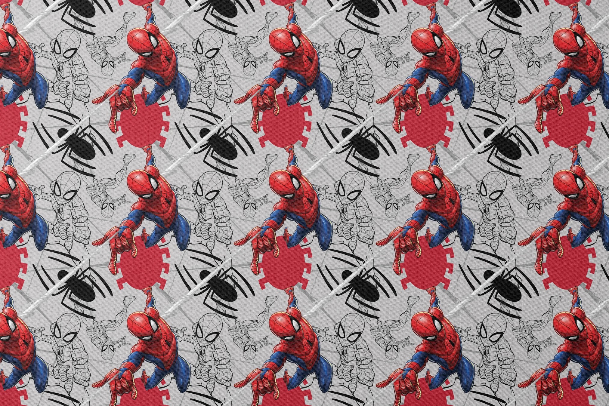 Spider-Man in various poses, including colored and line art illustrations on a red and gray background designs flat mockup