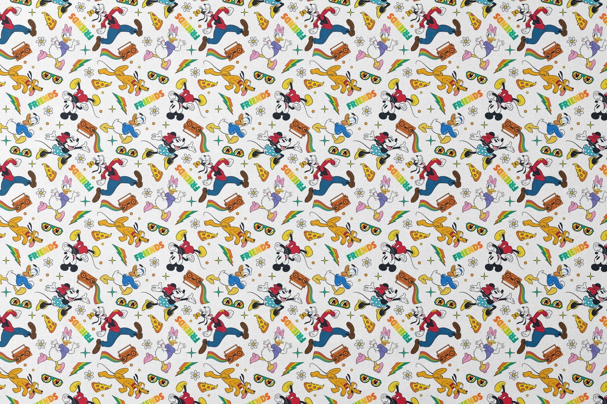 Cartoon pattern featuring classic Disney characters with radios, rainbows, sunglasses and "FRIENDS" text on white background. designs flat mockup