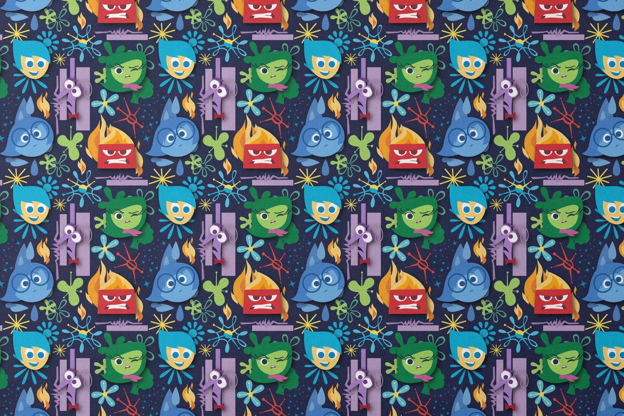 Colorful Inside Out characters with blue, red, green faces and abstract shapes on dark background designs flat mockup