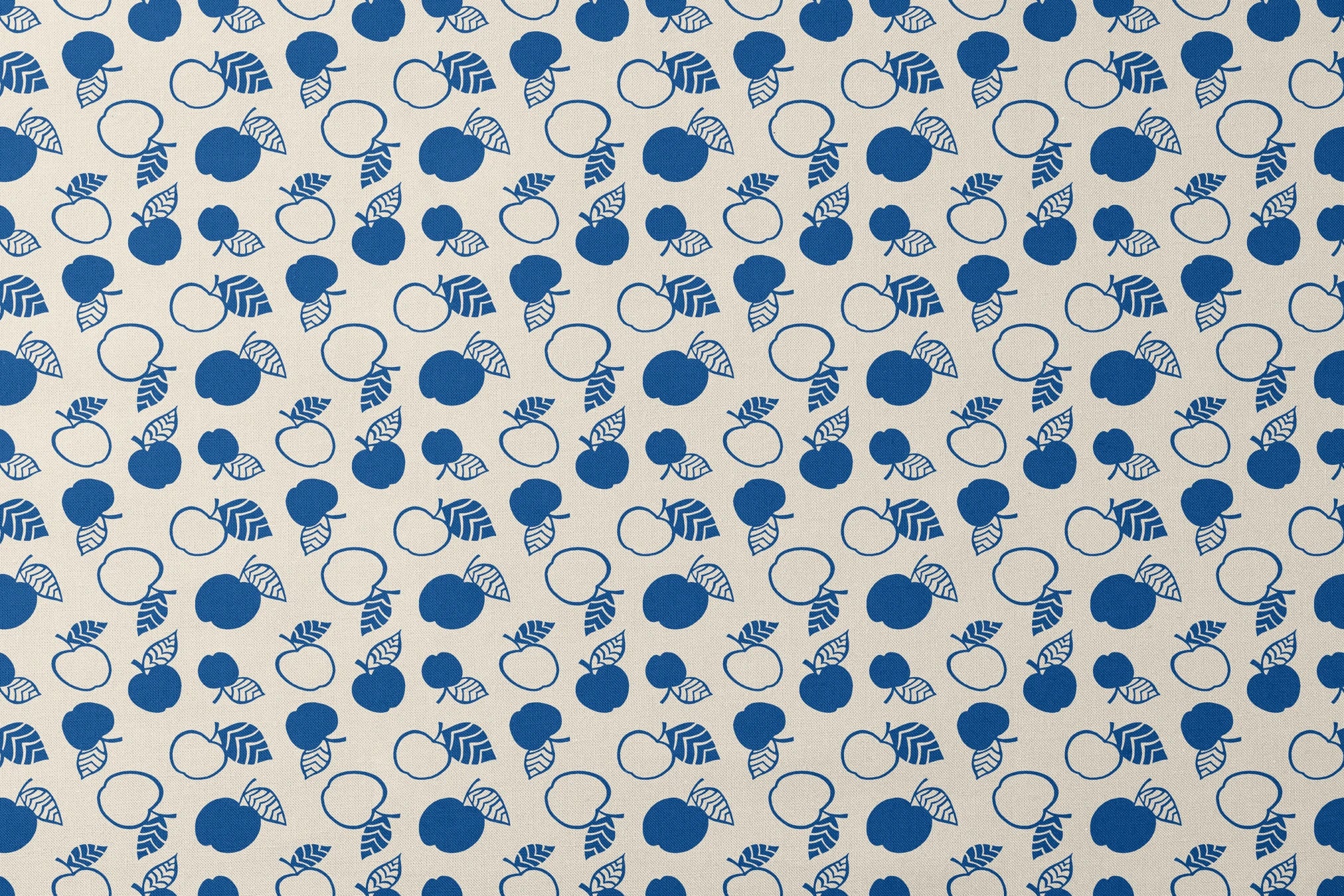 Blue apple illustrations and leaf outlines arranged in a scattered pattern on cream background. designs flat mockup