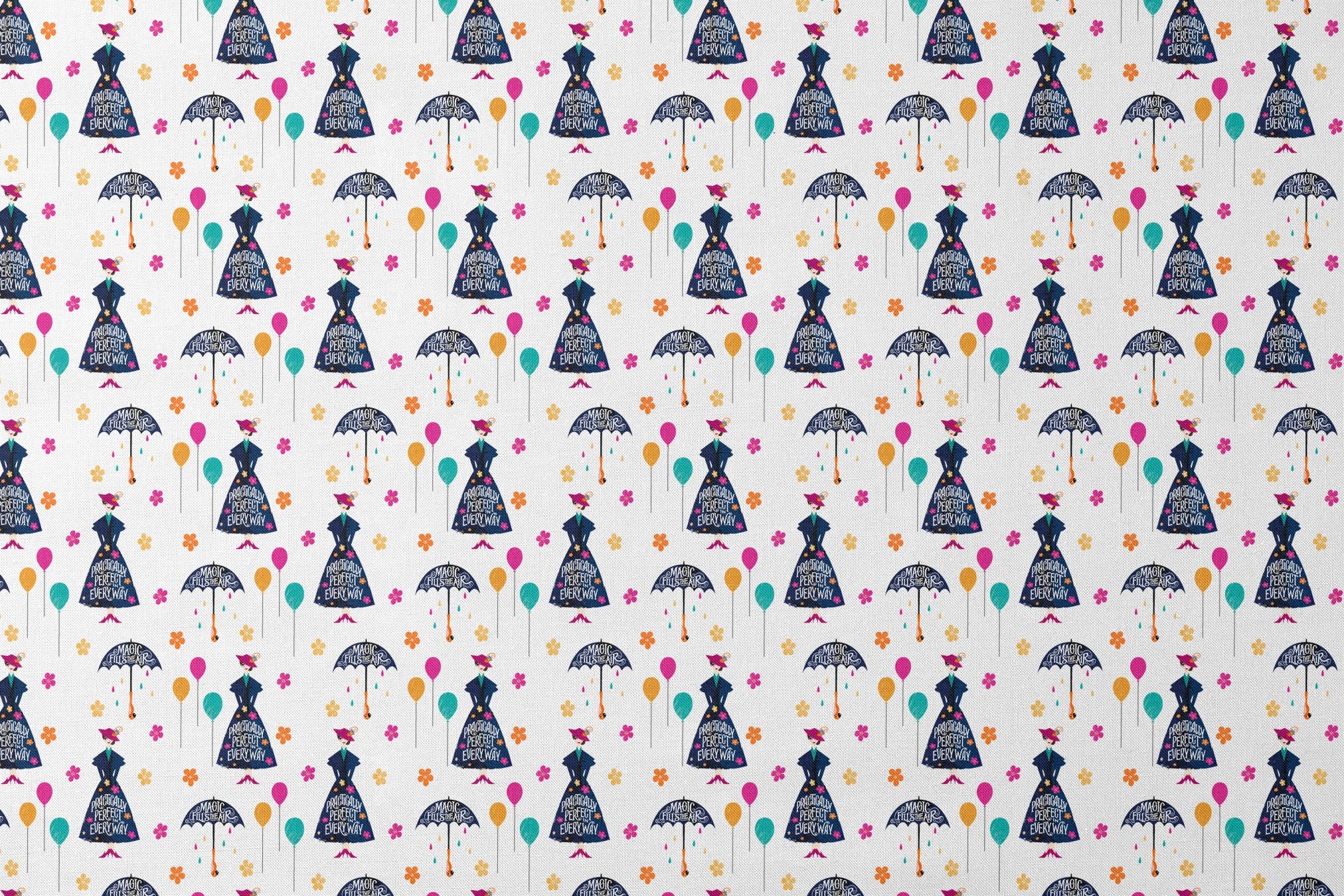 Colorful pattern with Mary Poppins-inspired silhouettes, umbrellas, balloons, and flowers on white background designs flat mockup